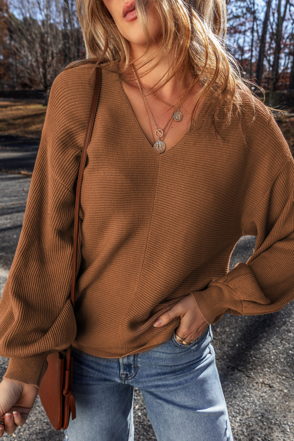 Camel Ribbed Knit Drop Sleeve V Neck Loose Fit Sweater – Simply Blush