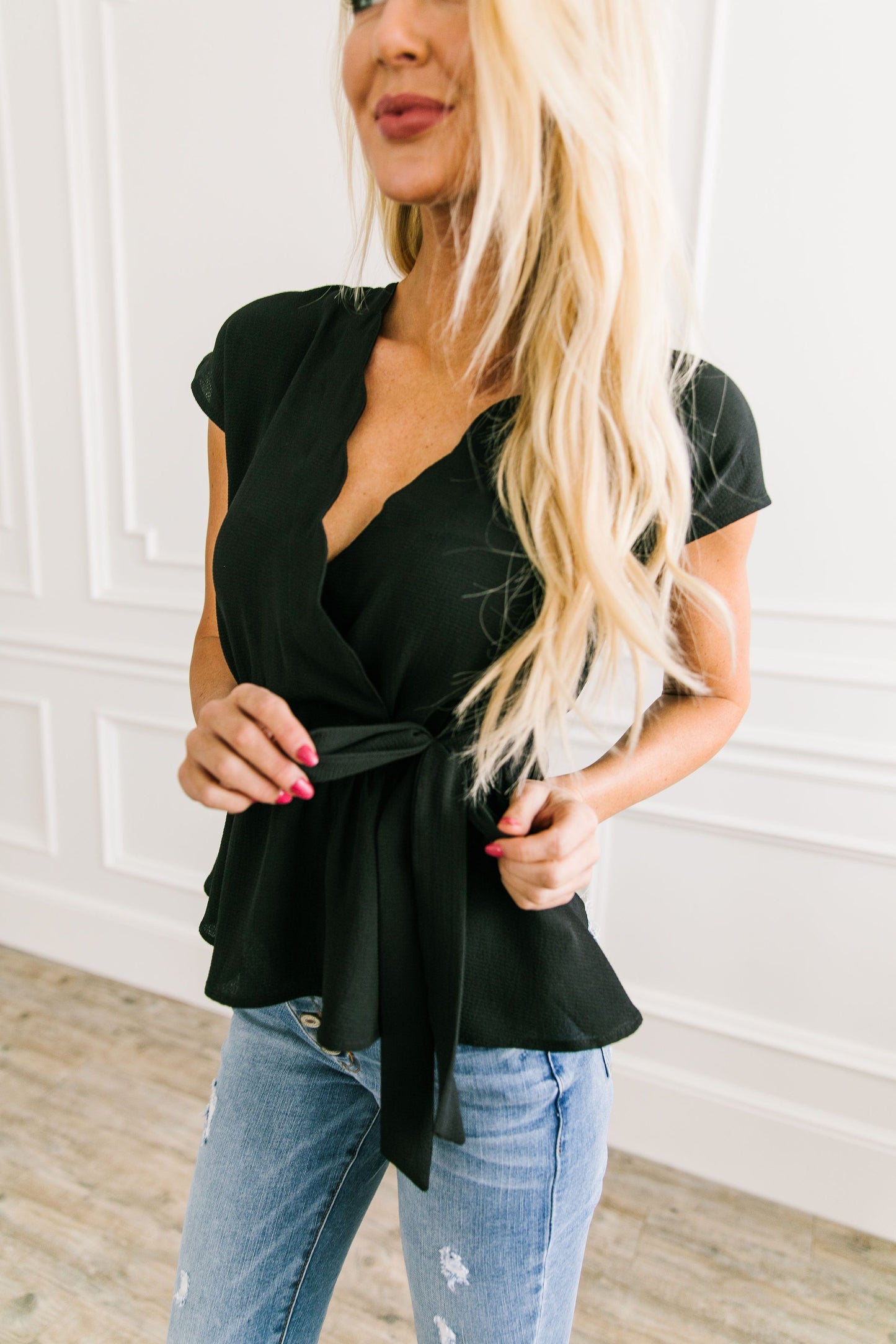 Charlotte Scalloped V Black Blouse
