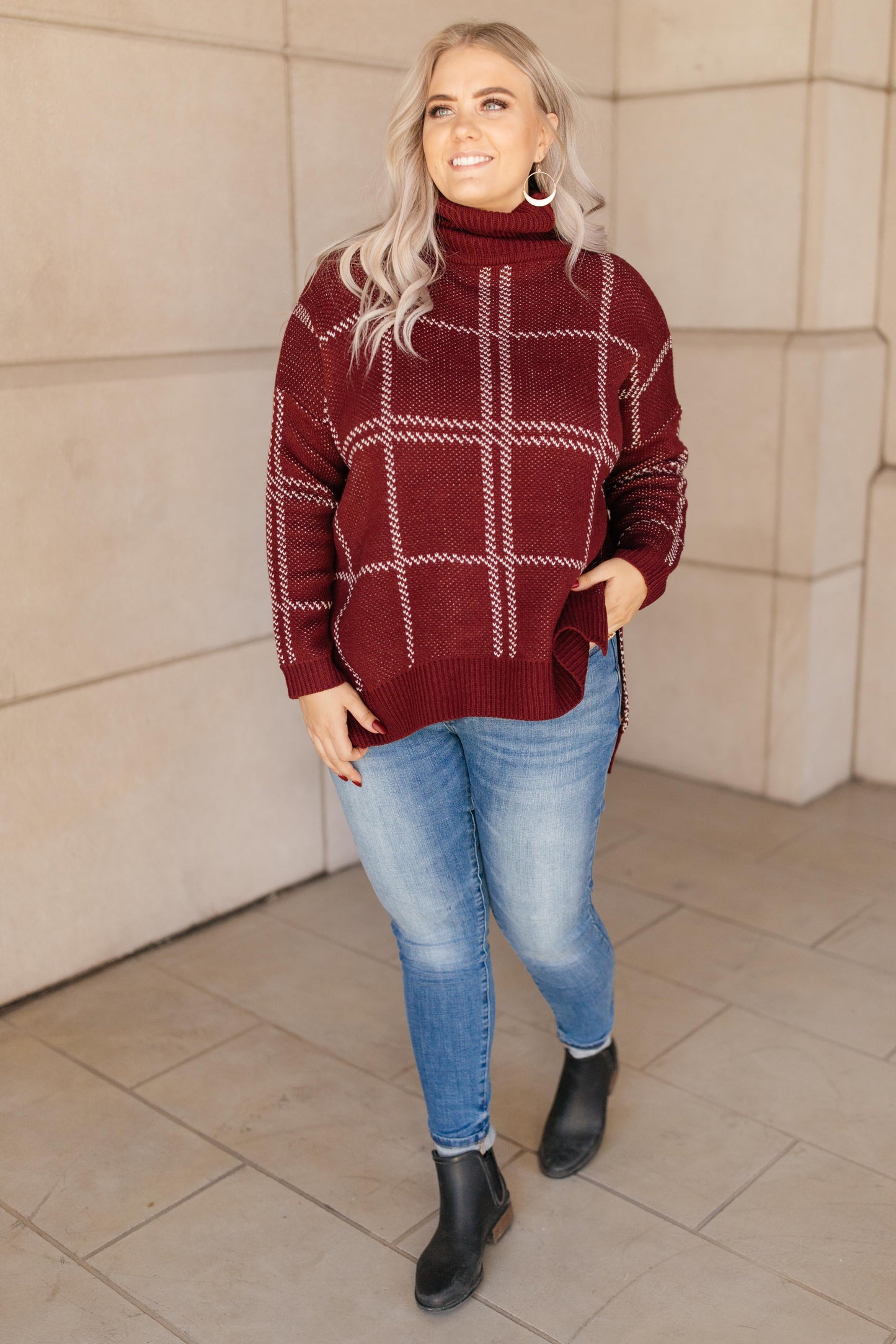 Grand Grid Print Sweater in Maroon