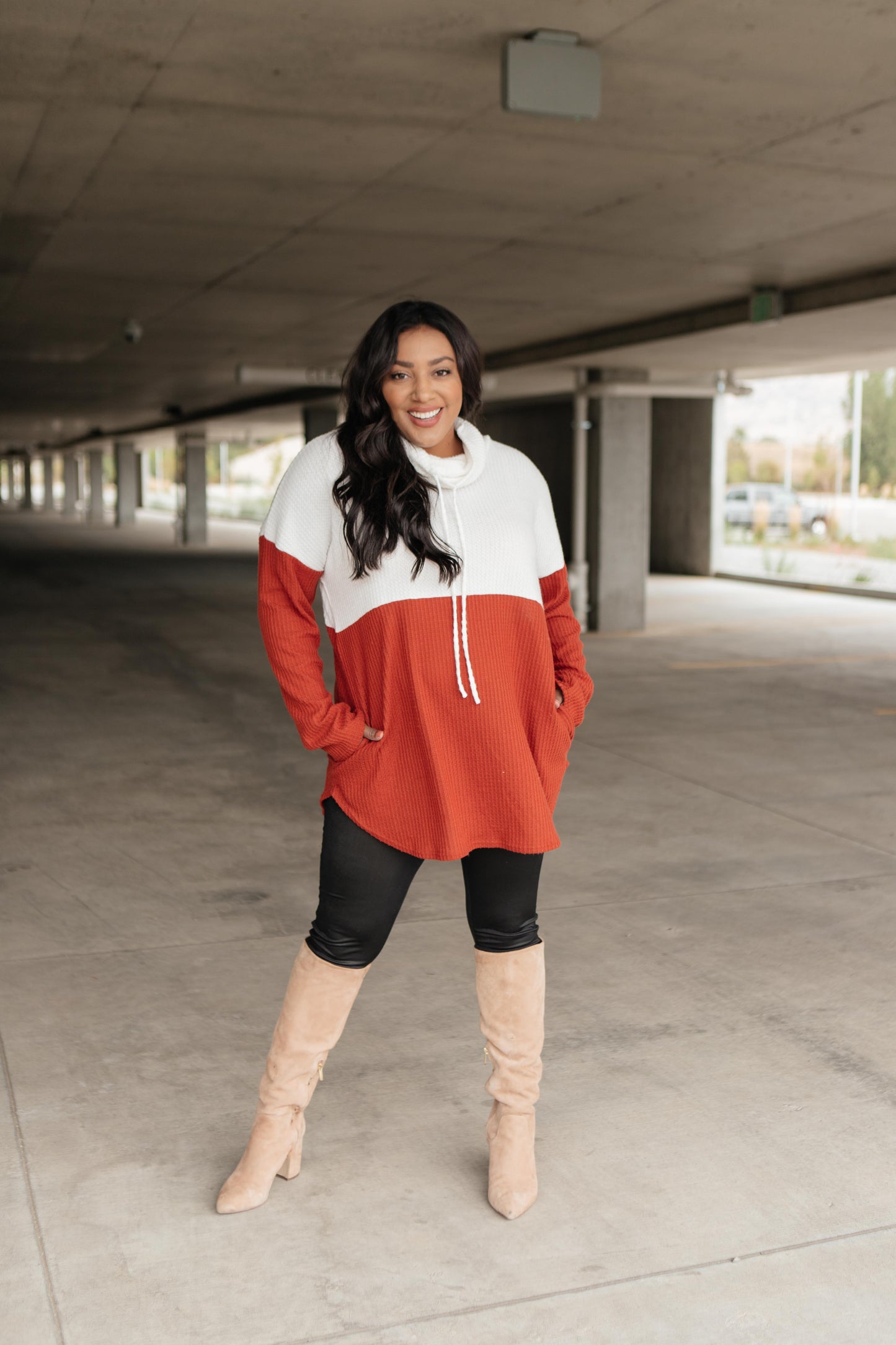 Rise Above Cowl Neck In Rust & White