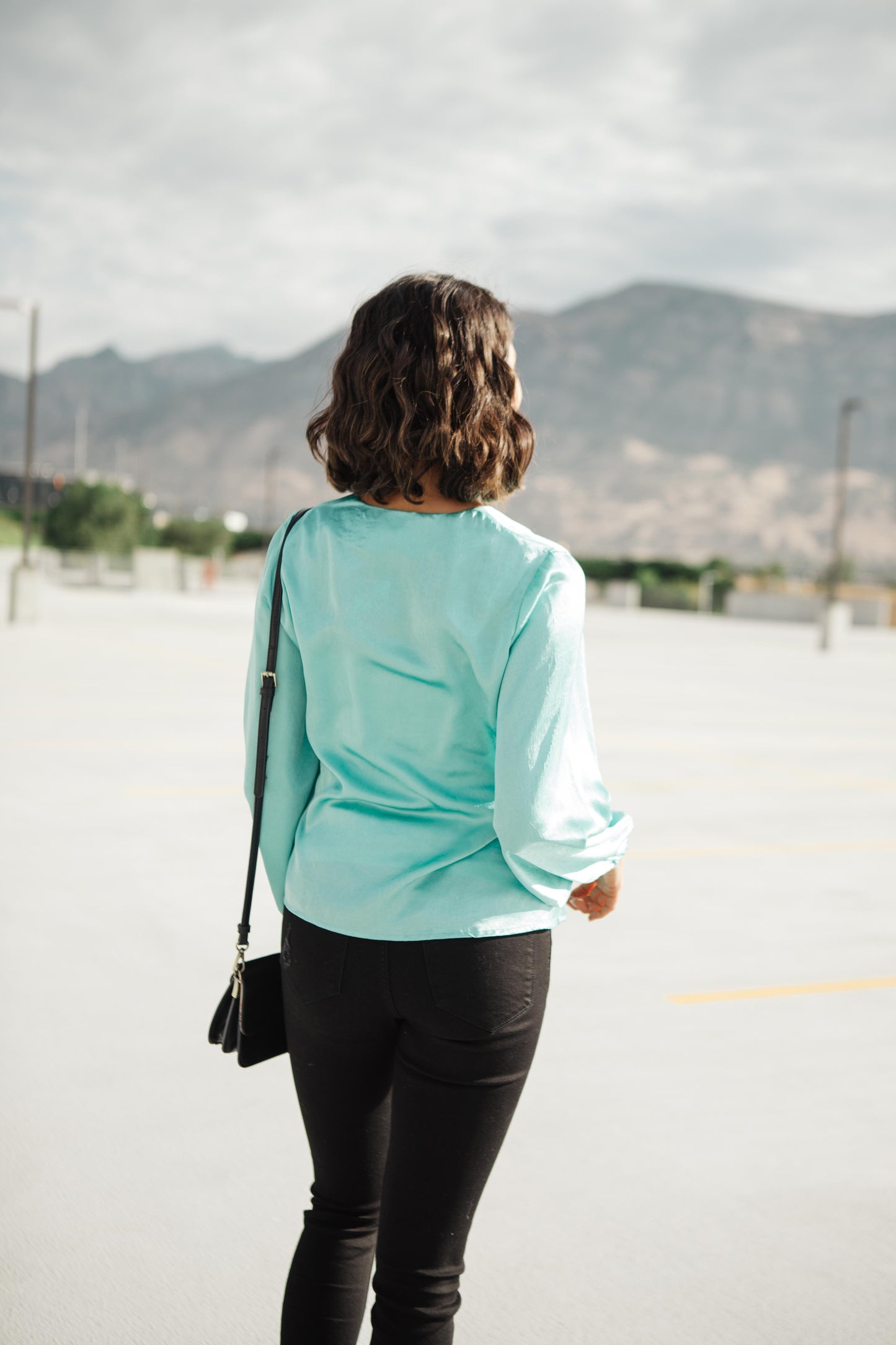 Silky Satin V-Neck Blouse In Aqua
