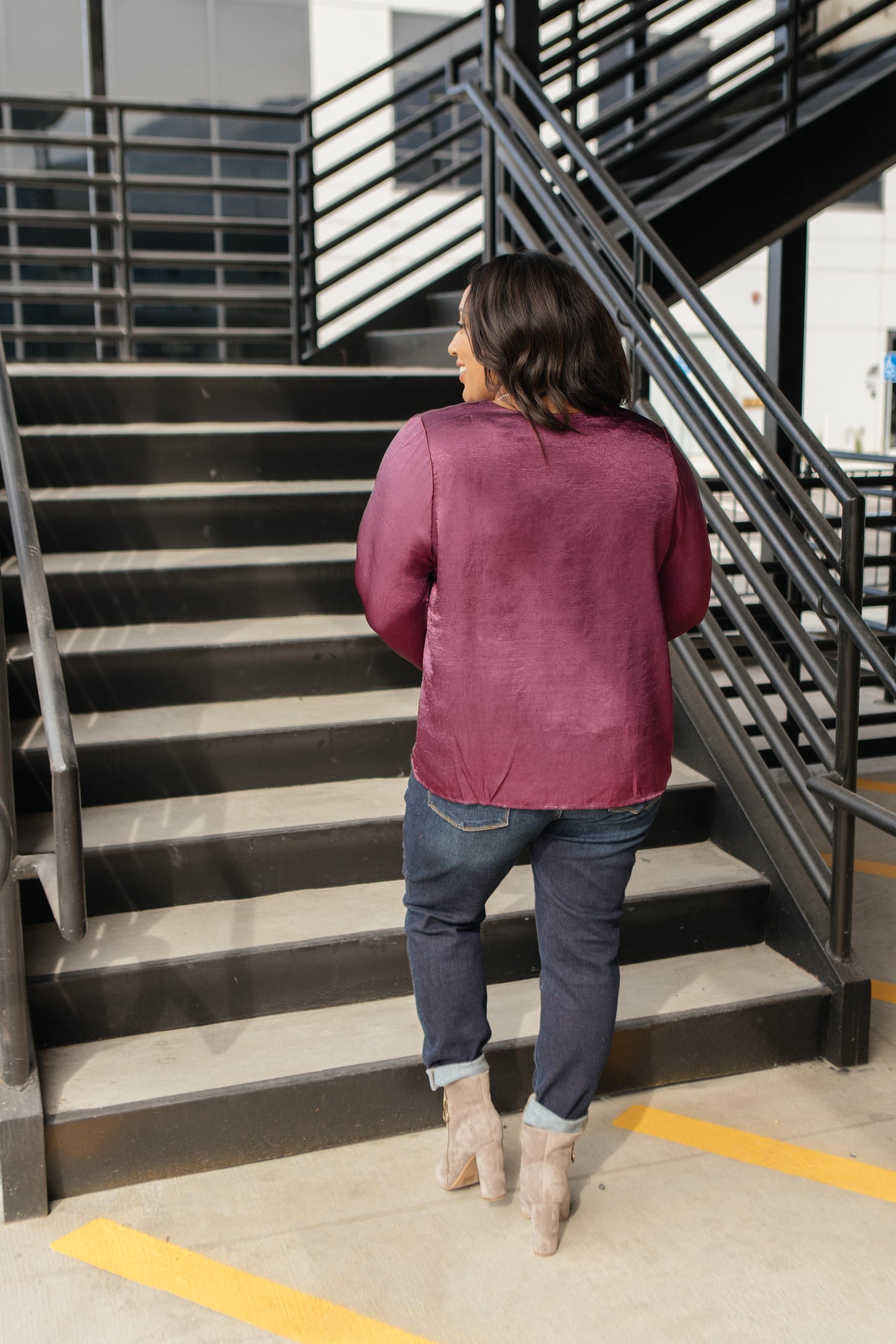 Silky Satin V-Neck Blouse In Aubergine