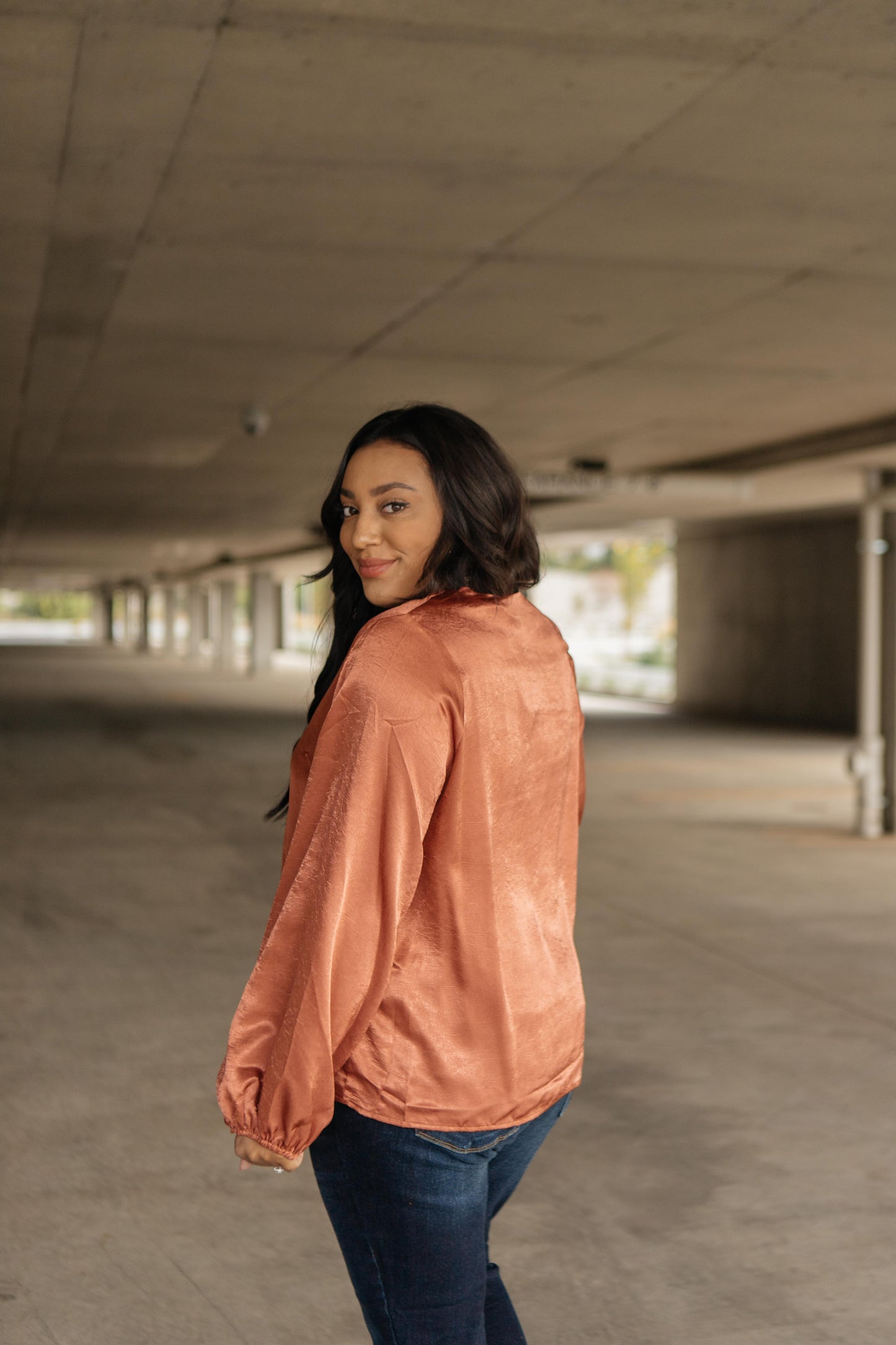 Silky Satin V-Neck Blouse In Bronze