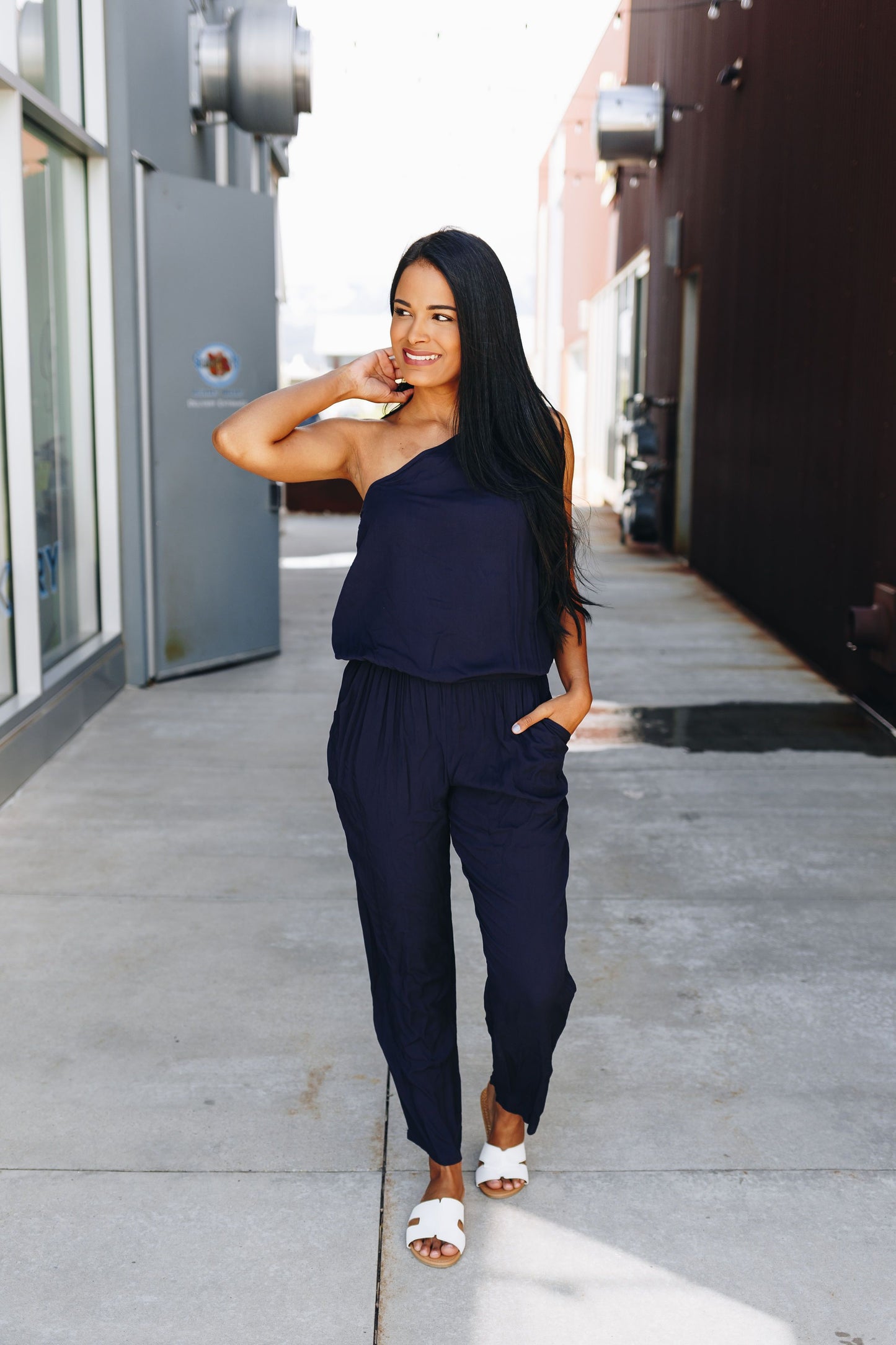 Bare Shoulder Navy Jumpsuit
