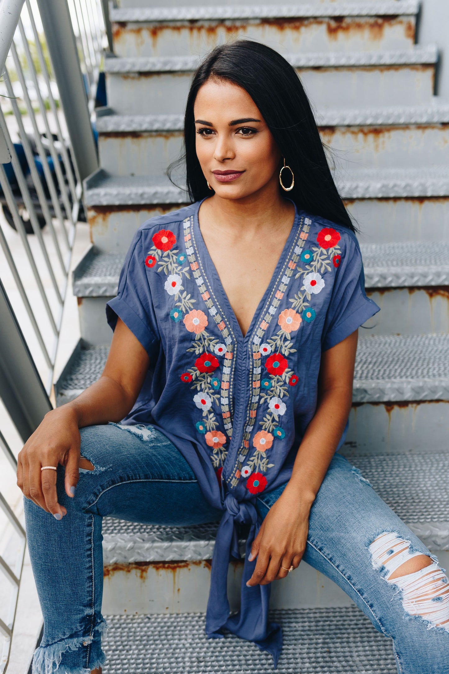 Bright Floral Embroidered Top In Navy