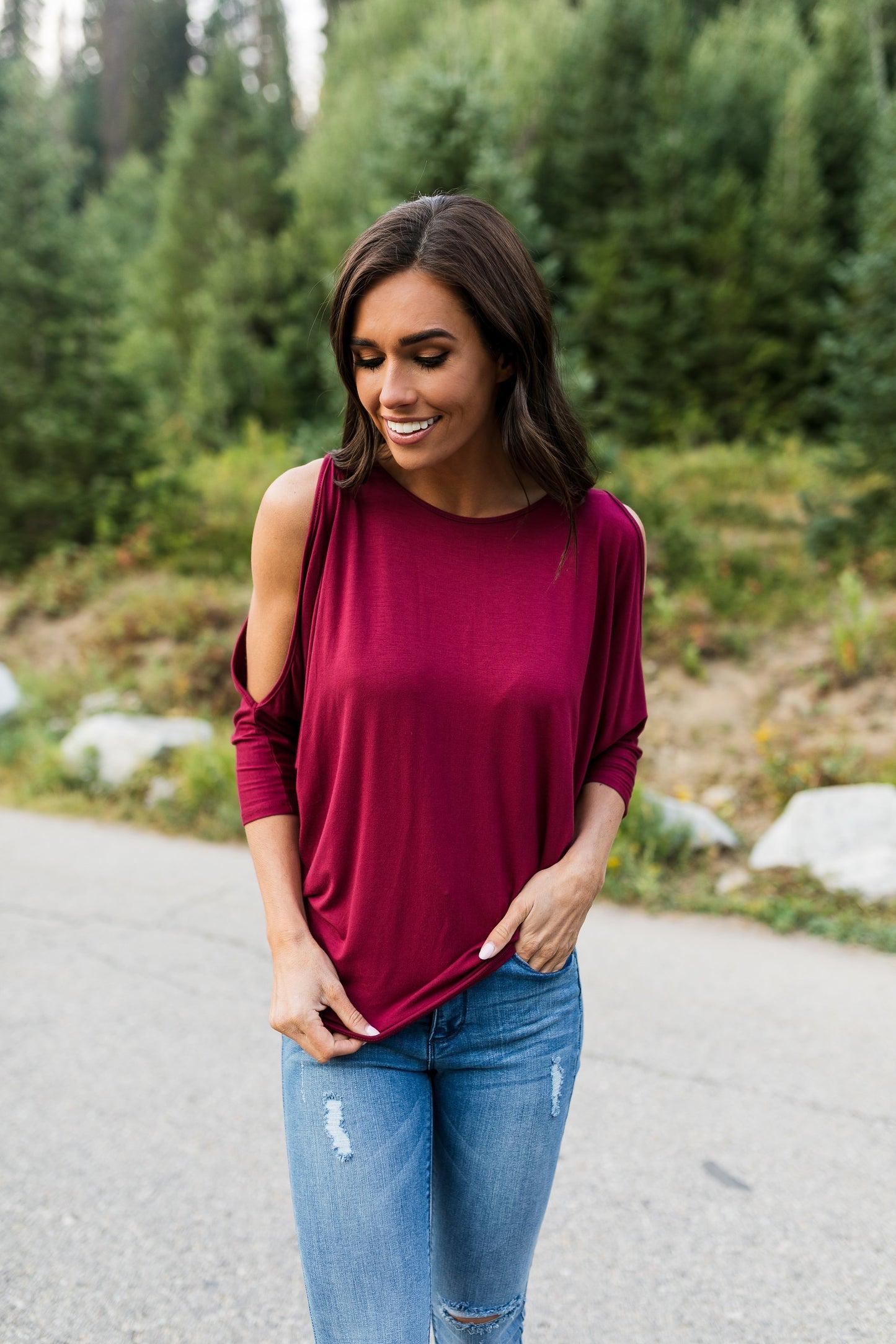 Cold Shoulders Warm Heart Top in Burgundy - ALL SALES FINAL