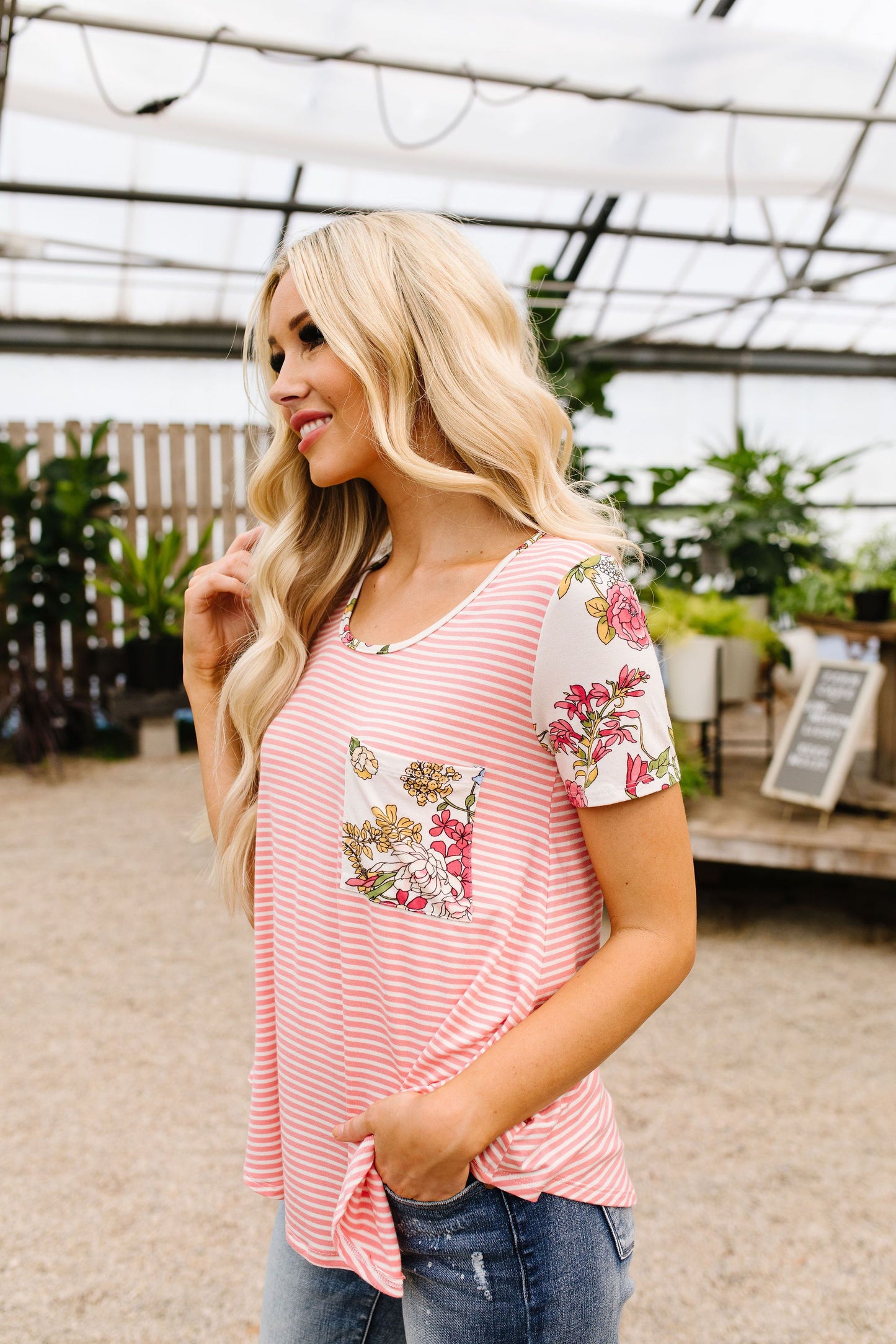Floral Accent Striped Raglan Top