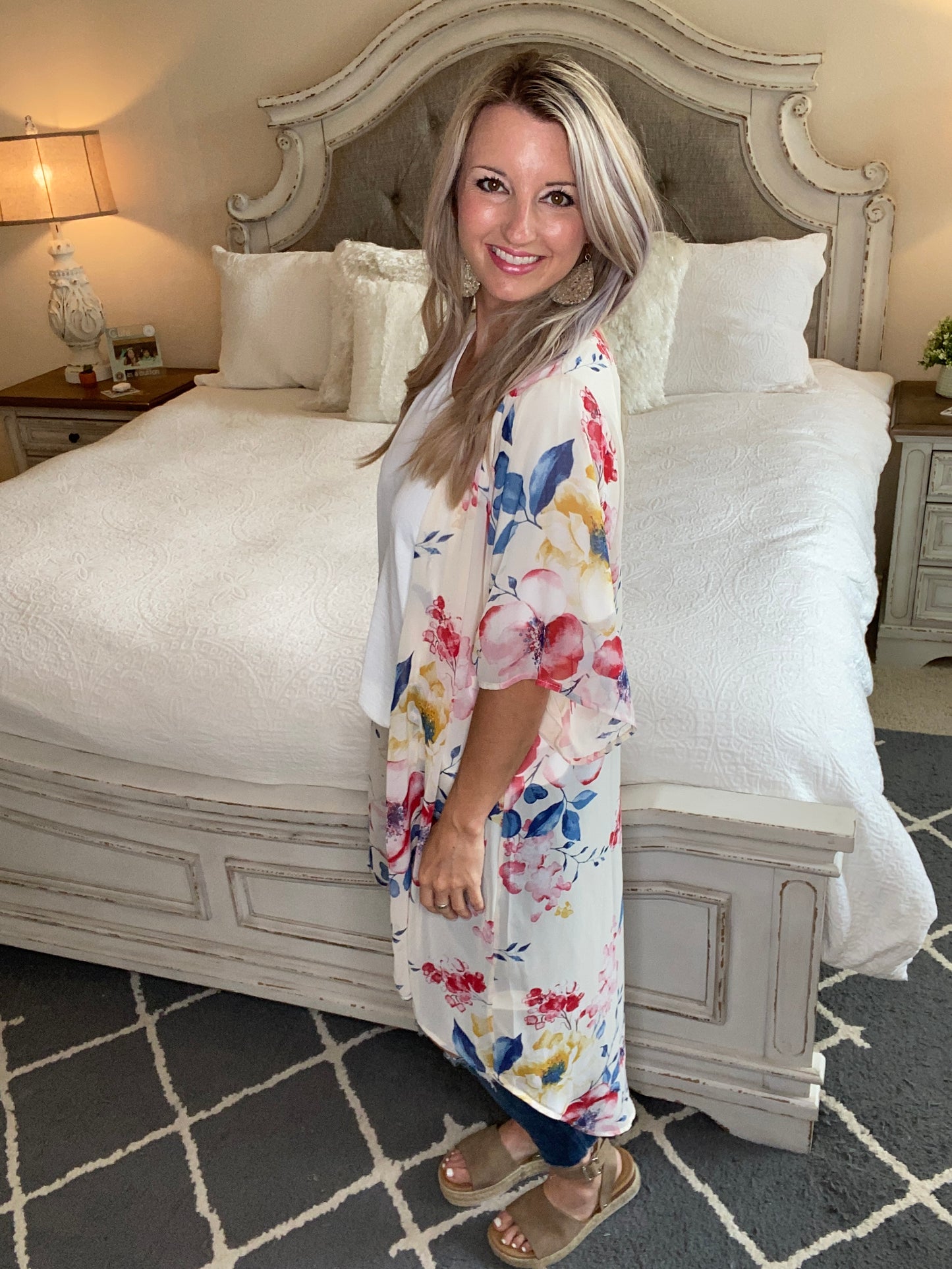 Lightweight Floral Kimono In Ivory