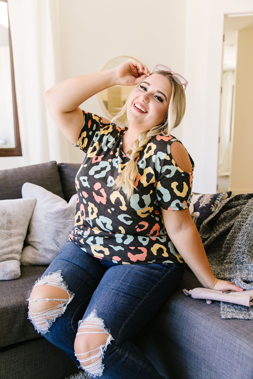 Leopard Kisses Cold Shoulder Top In Charcoal