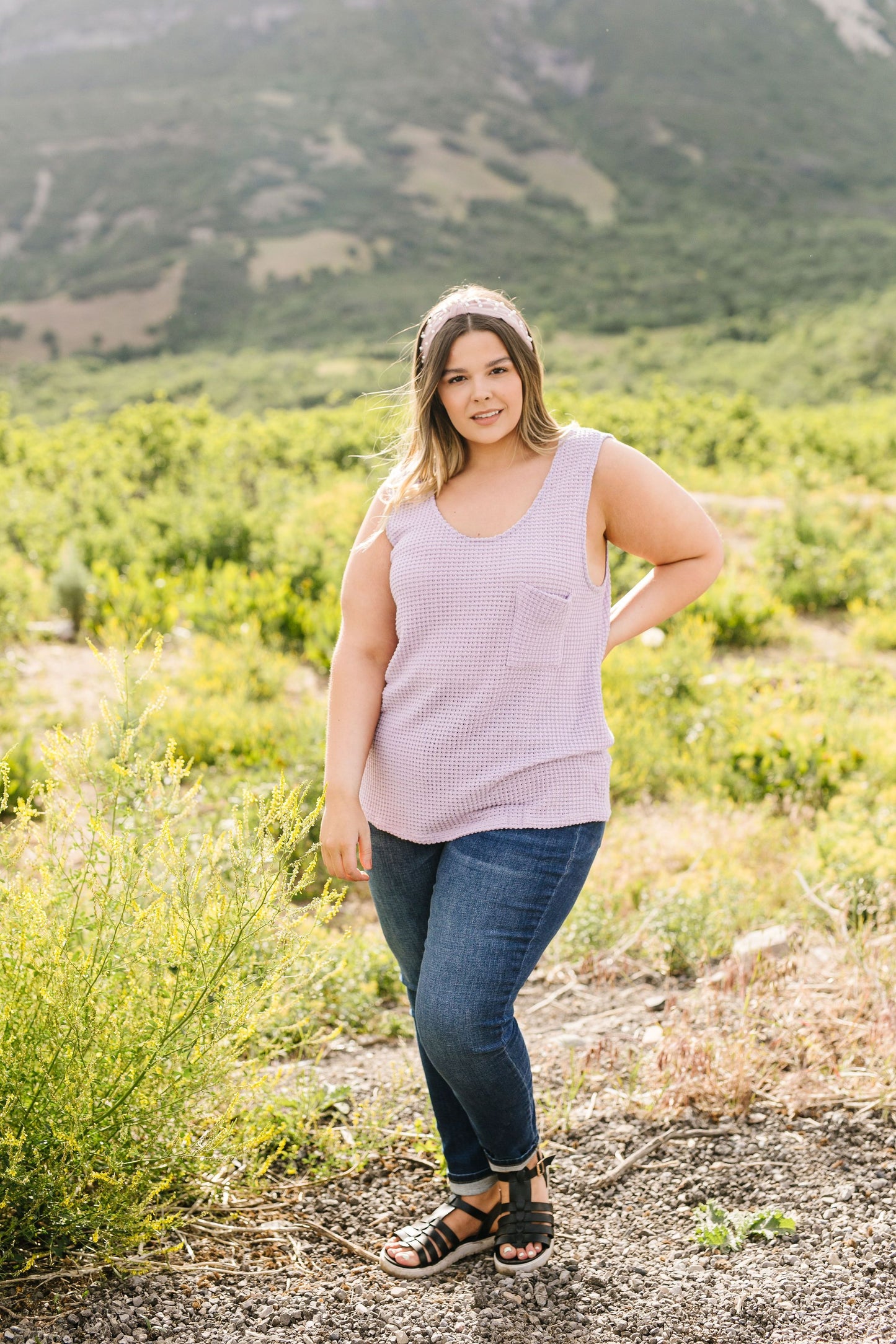 Open Weave Waffle Knit Tank In Lavender