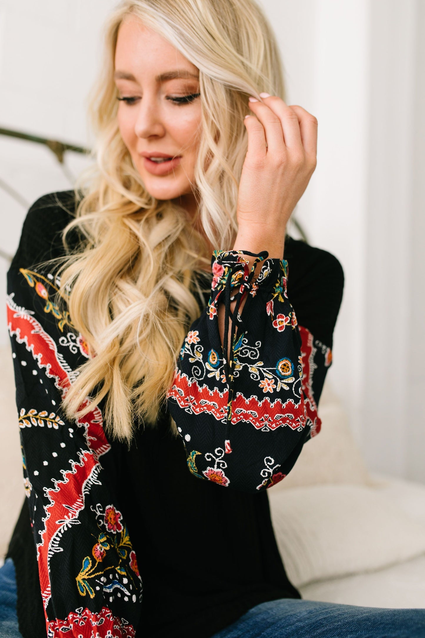 Patchwork Of Promises Waffle Knit Top In Black
