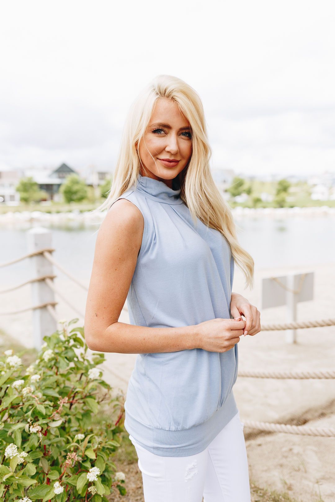 Pleats A Plenty Sleeveless Top In Pale Blue