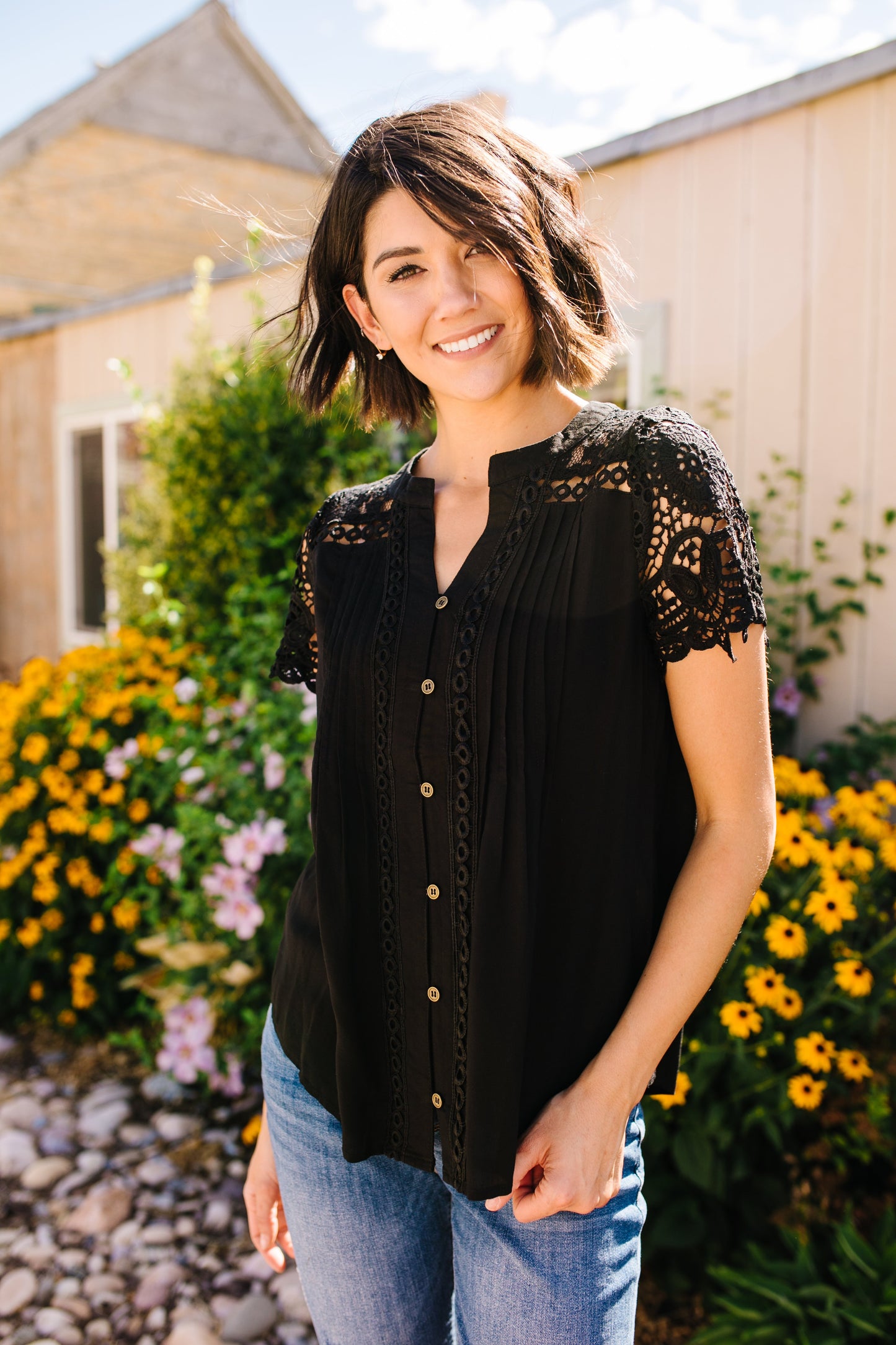 Pleats + Lace Blouse In Black