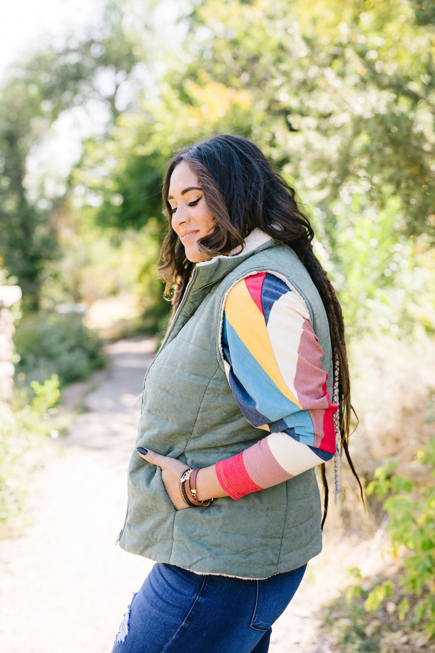Reversible Shearling Puffer Vest In Army Green