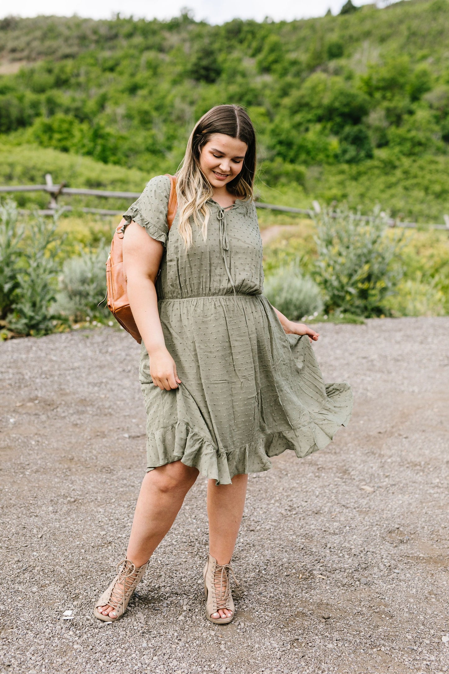 Ruffled Olive Swiss Dot Dress