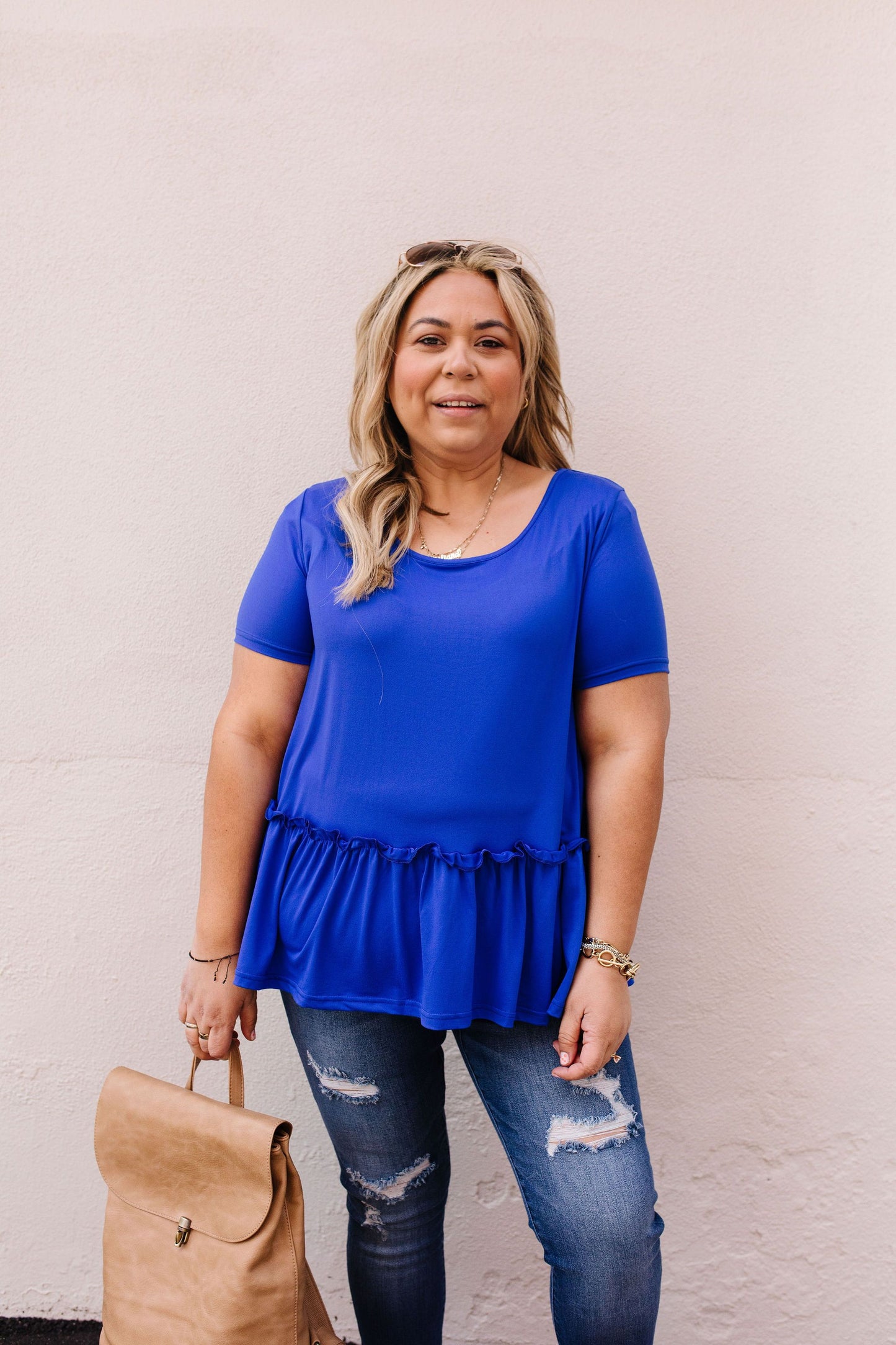 Ruffled Peplum Top In Blue