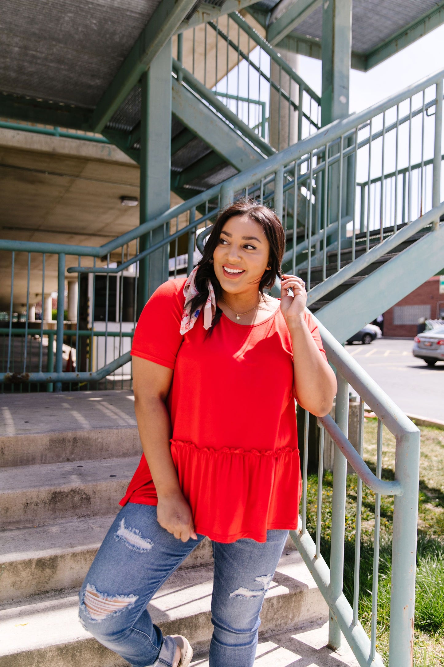 Ruffled Peplum Top In Red