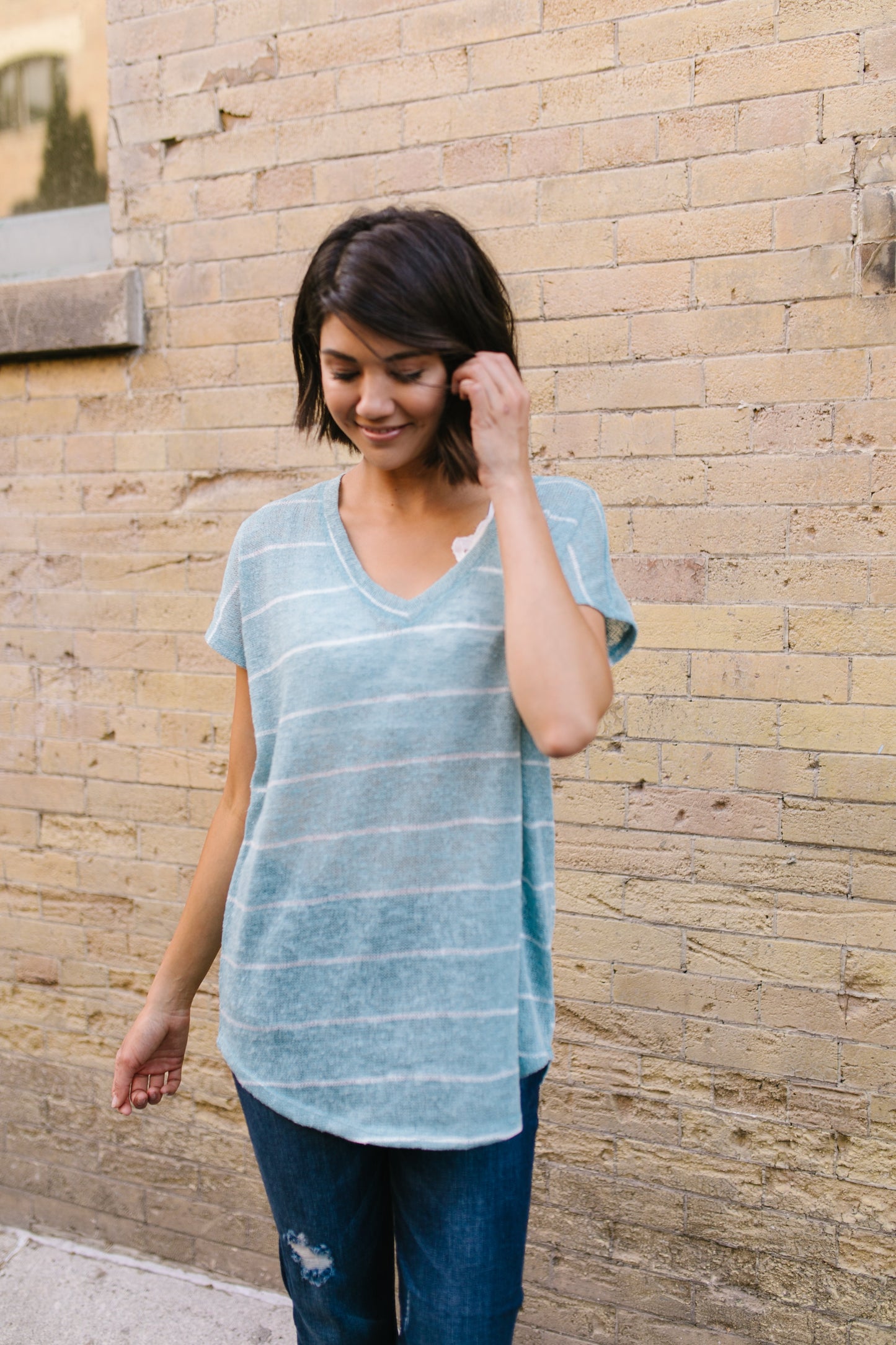 Sheer Summer Striped Top In Sage
