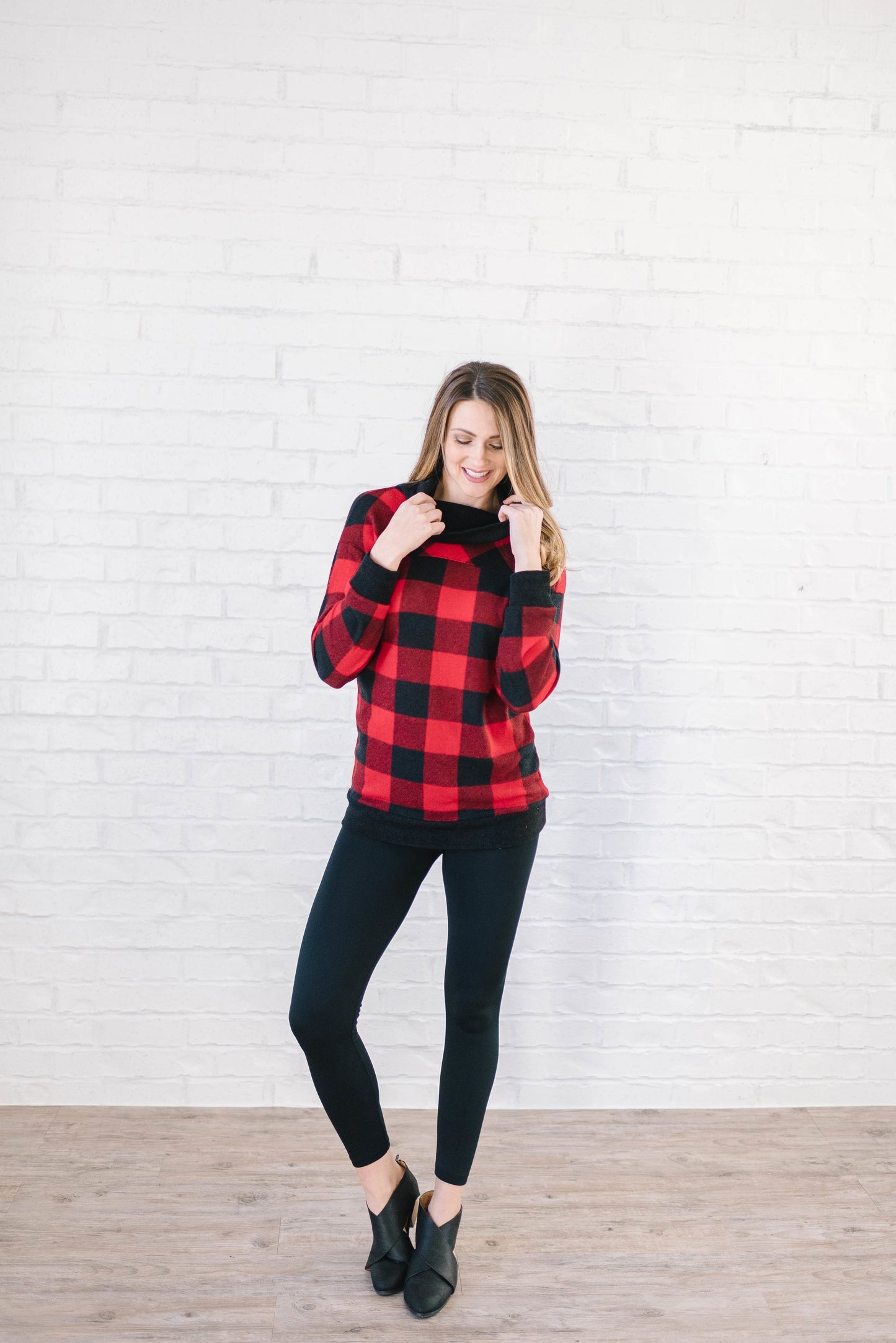 The Denise Cowl Neck Top in Black & Red