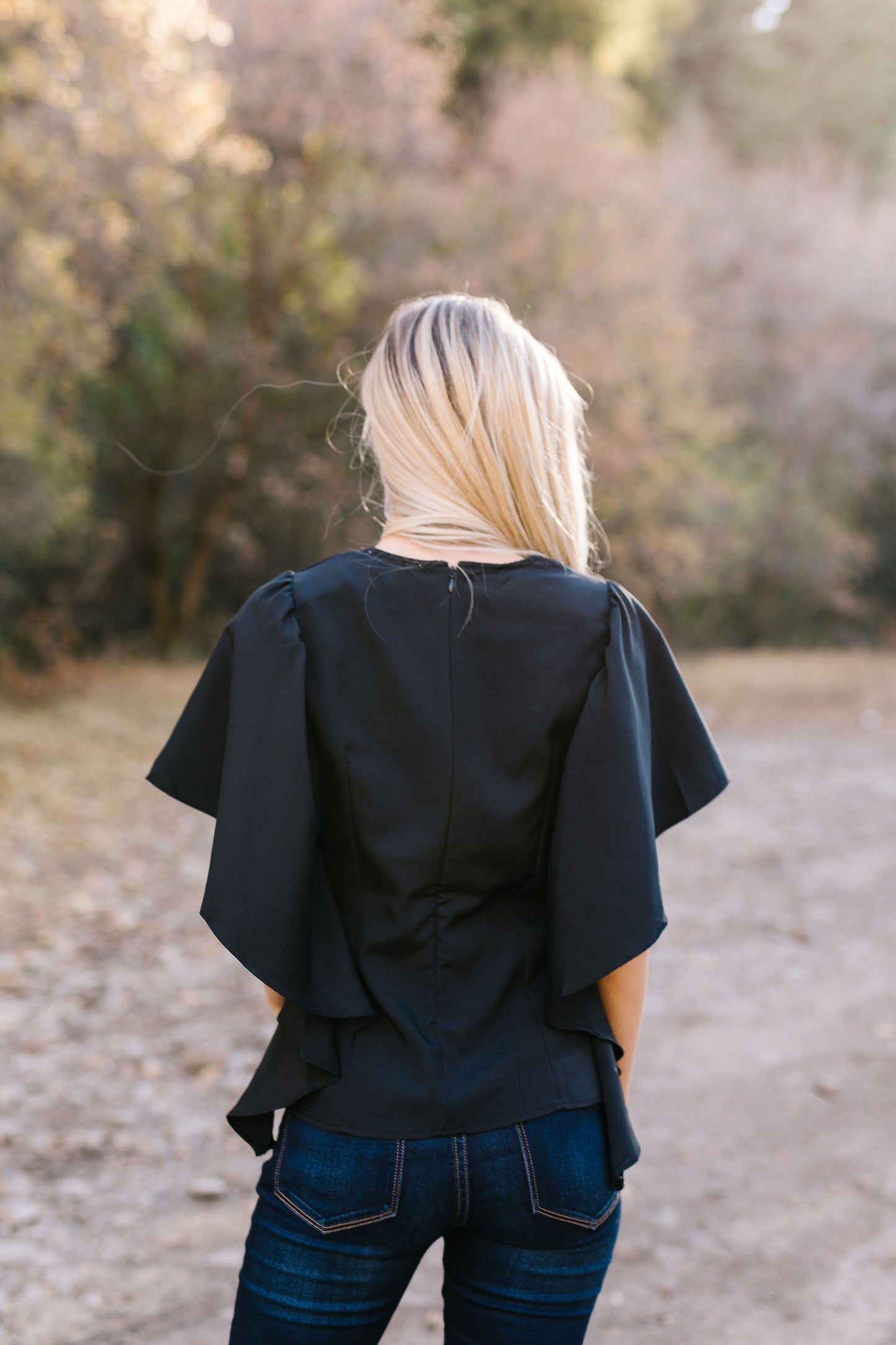 Wing And A Prayer Ruffle Sleeve Blouse in Black - ALL SALES FINAL