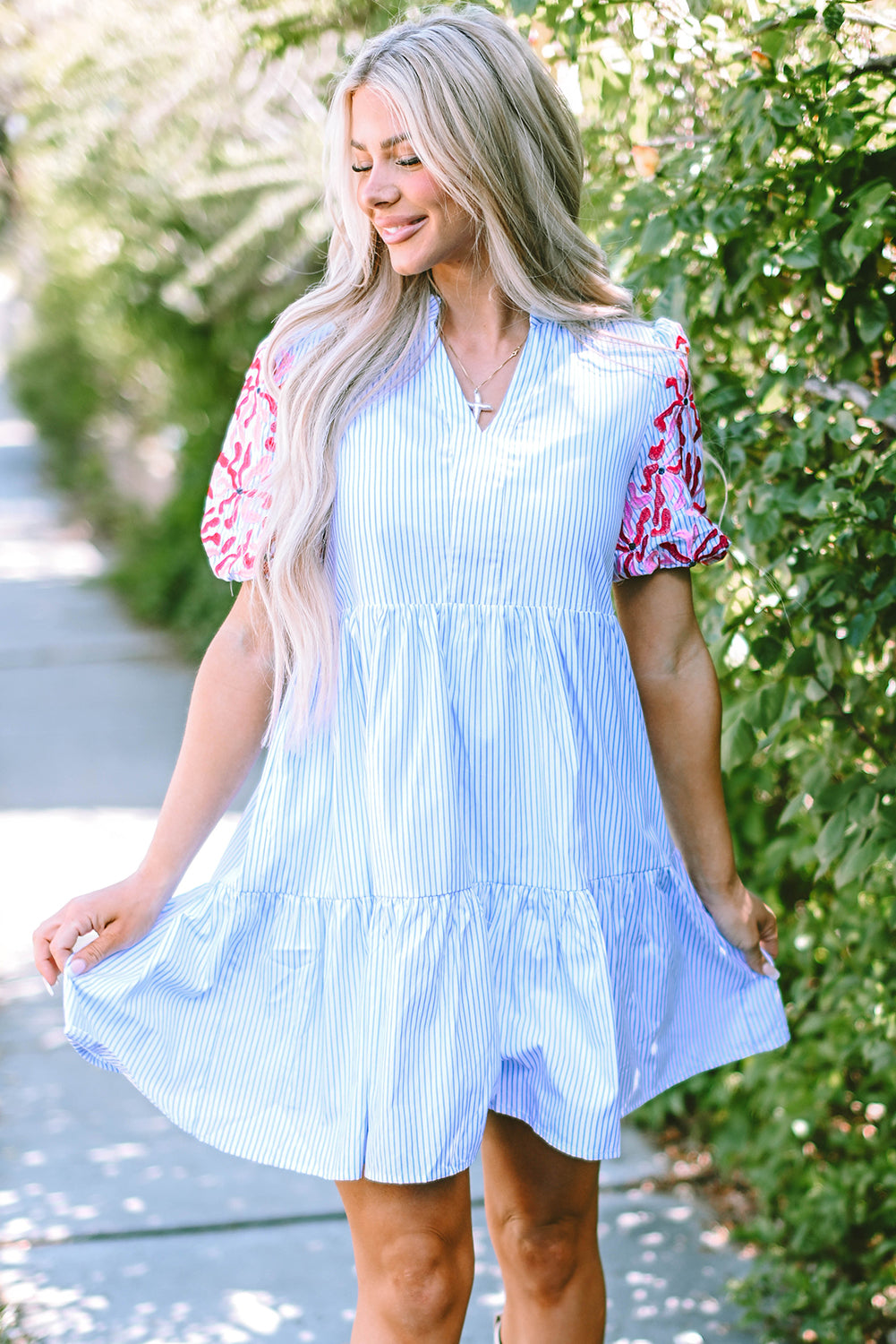 Sky Blue Stripe Contrast Floral Puff Sleeve Tiered Ruffle Dress