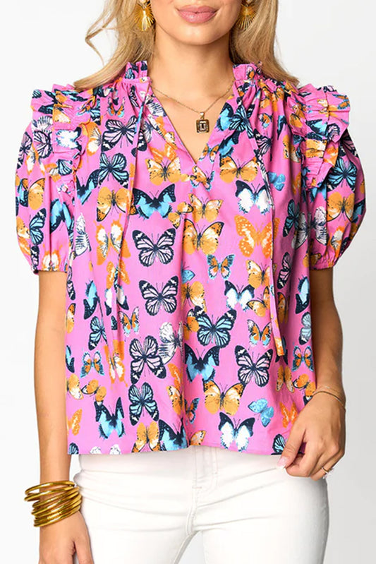 Purple Butterfly Print Ruffled Puff Sleeve Tied V Neck Blouse