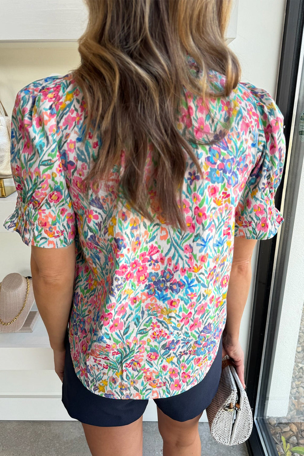 Pink Floral Print Button Split Neck Puff Sleeve Blouse