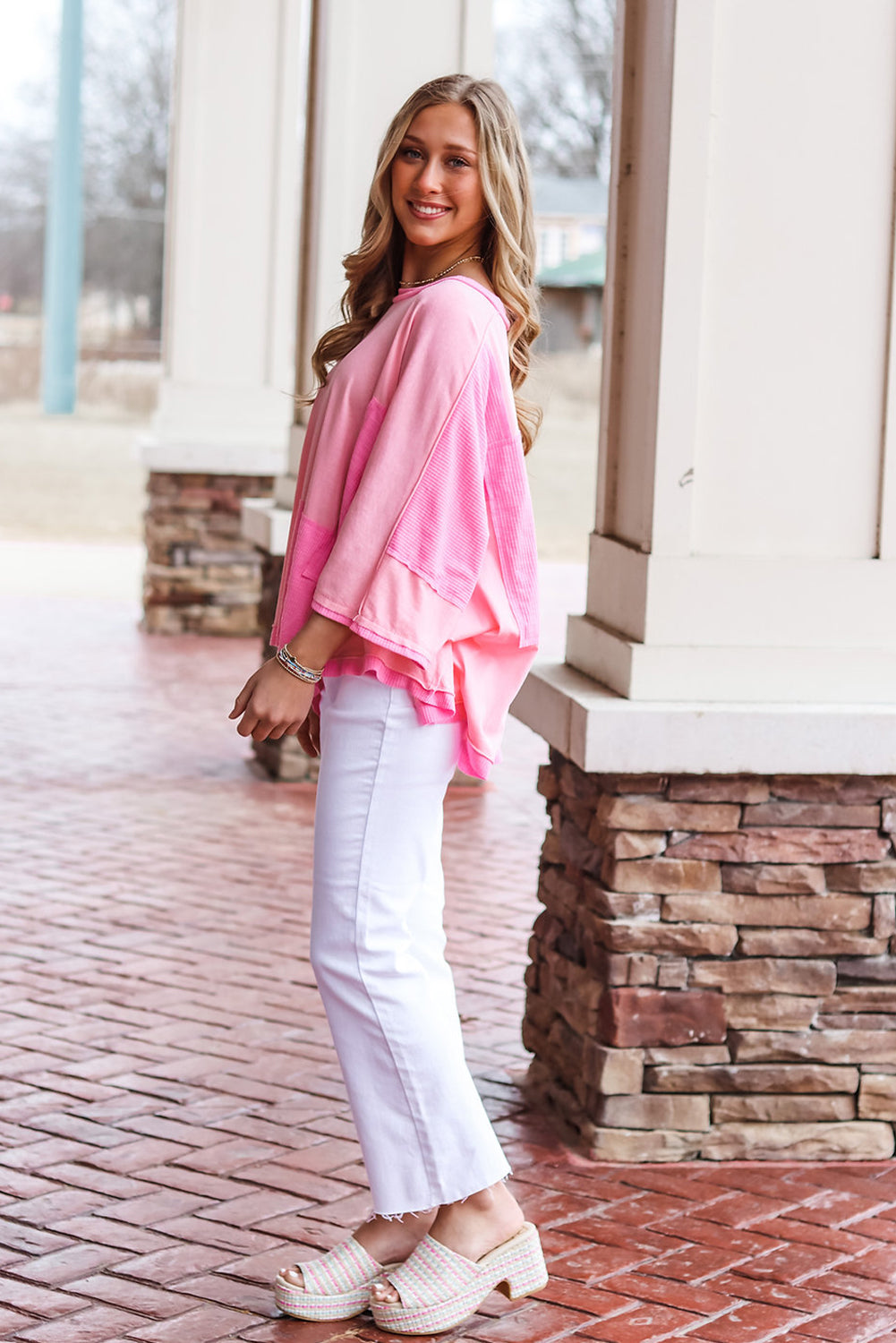 Pink Color Block Patchwork 3/4 Sleeve Loose Top