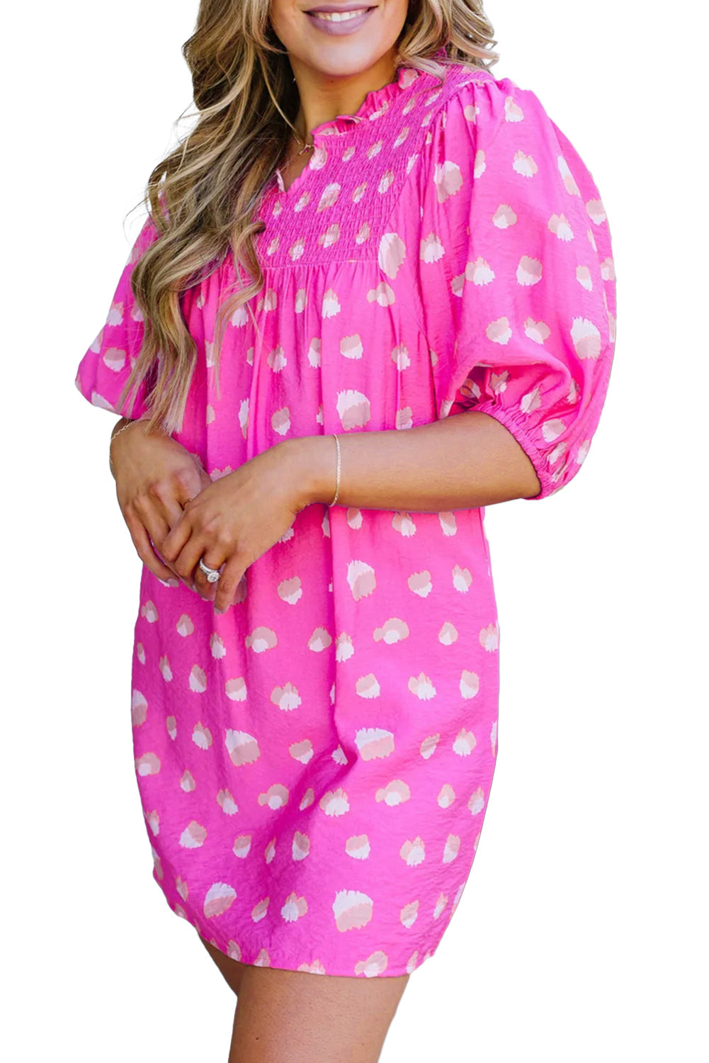 Bright Pink Printed Shirred Yoke Half Puff Sleeve Dress