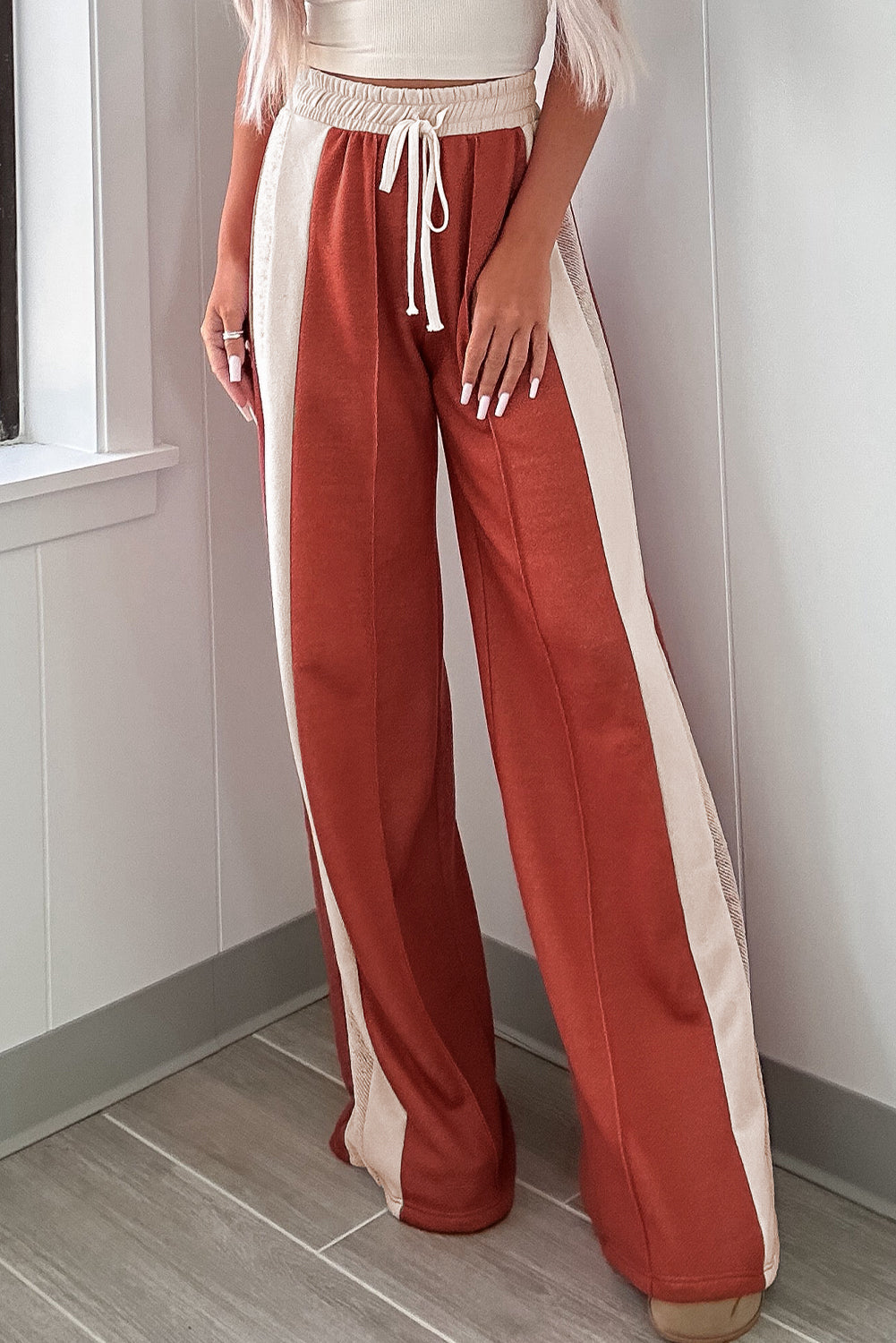 Flamingo Color Block Drawstring High Waist Wide Leg Pants