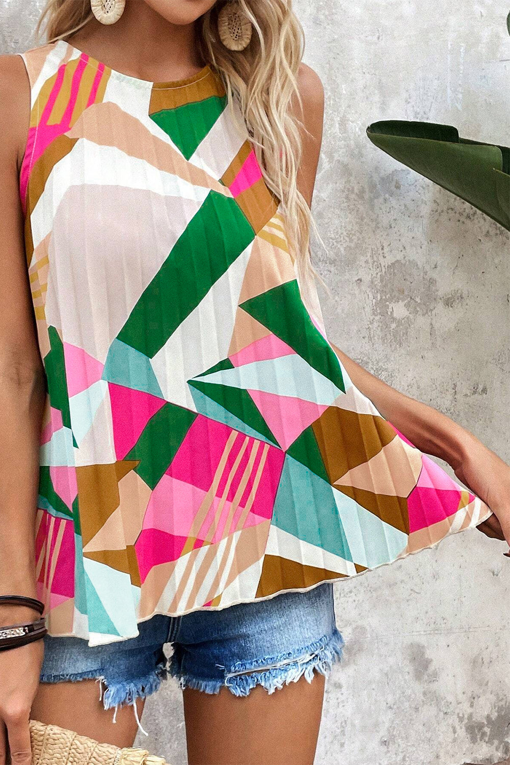 Multicolour Geometric Printed Pleated Shift Tank Top