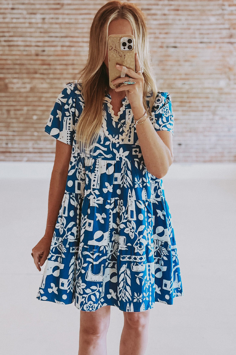 Blue Ricrac Trim Split Neck Floral Loose Dress