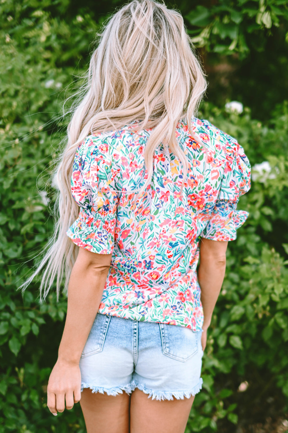 Pink Floral Print Button Split Neck Puff Sleeve Blouse