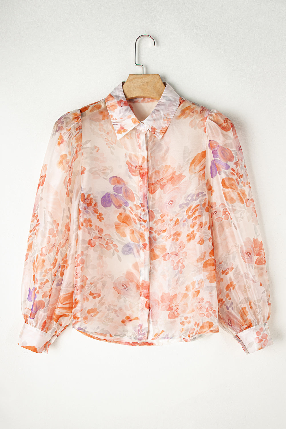 White Floral Print Collared Balloon Sleeve Loose Shirt