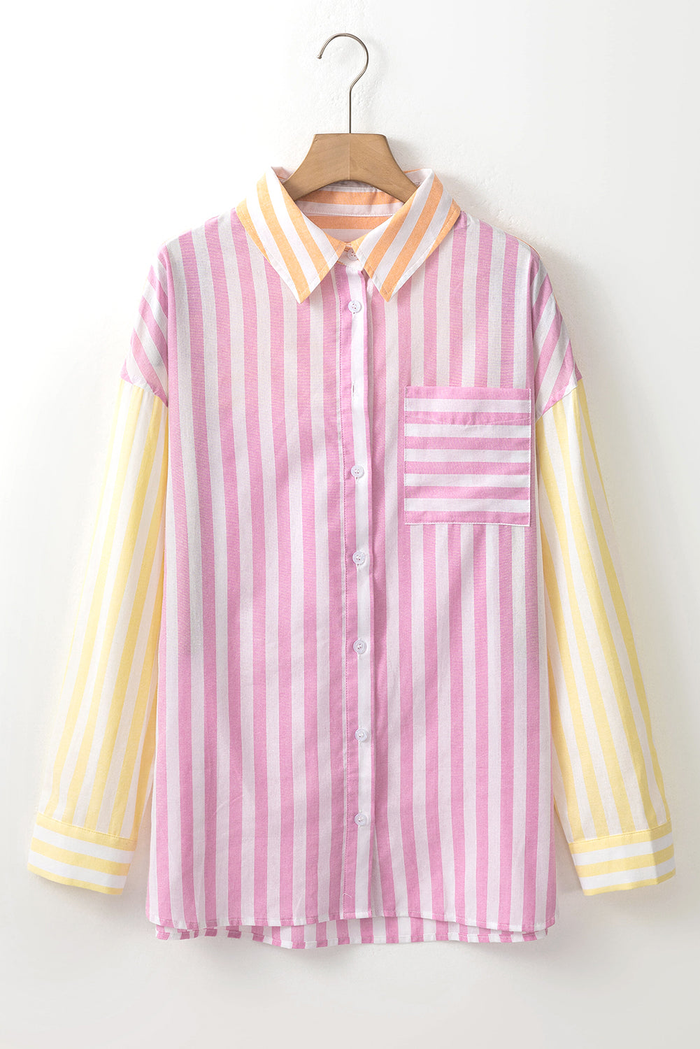 Pink Stripe Contrast Collar Long Sleeve Patchwork Shirt