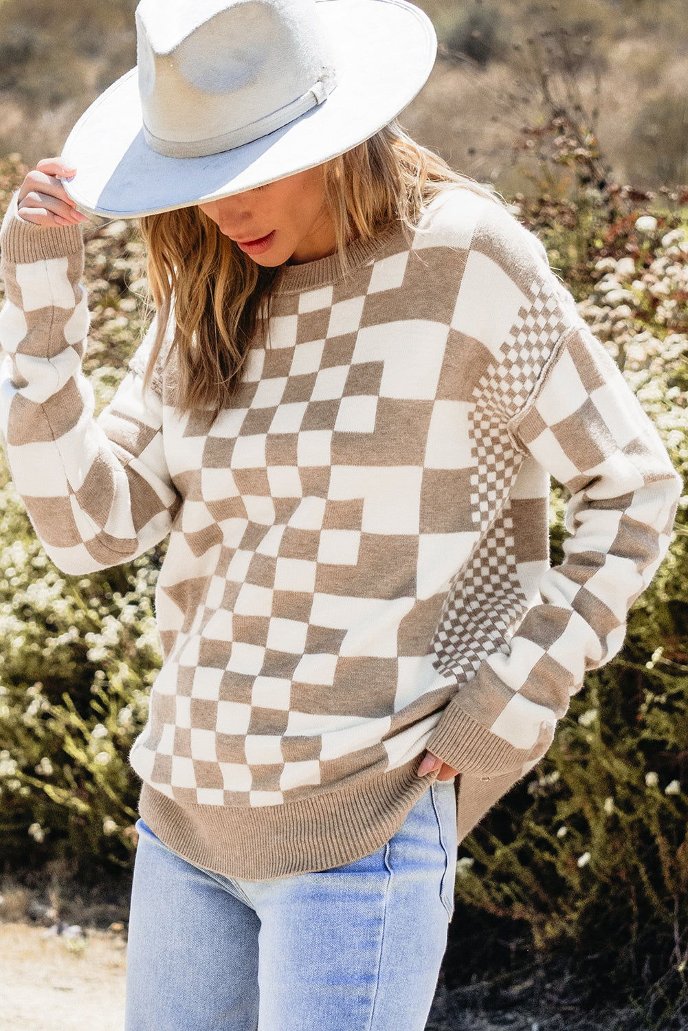 Khaki Checkered Print Drop Shoulder Round Neck Sweater