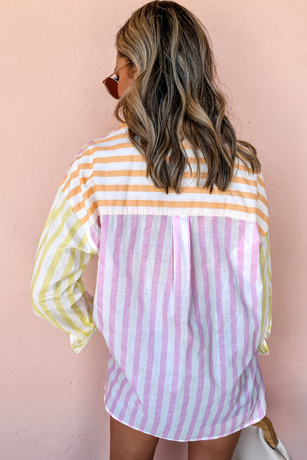 Pink Stripe Contrast Collar Long Sleeve Patchwork Shirt