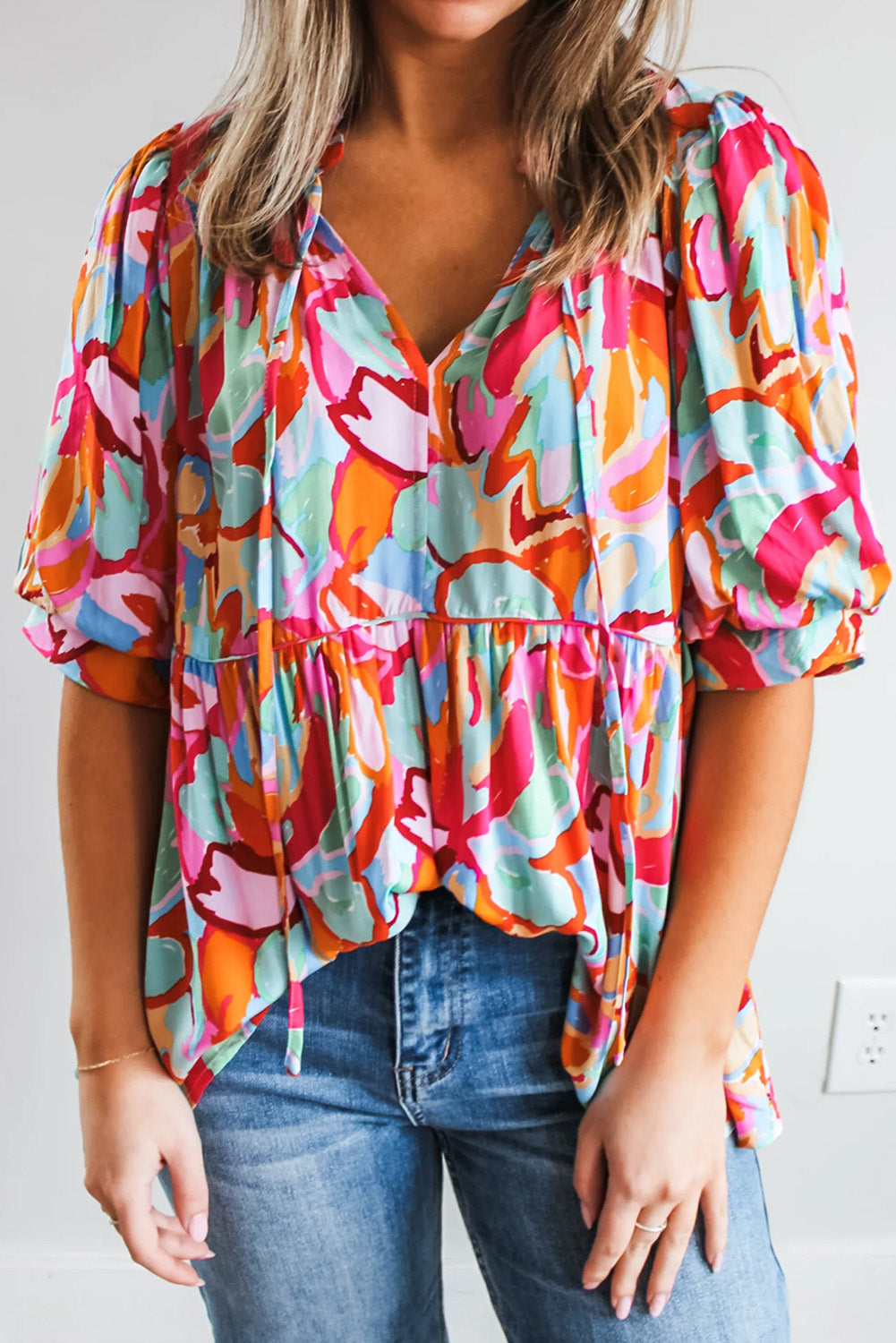 Rose Red Abstract Print Drawstring V Neck Half Sleeve Blouse