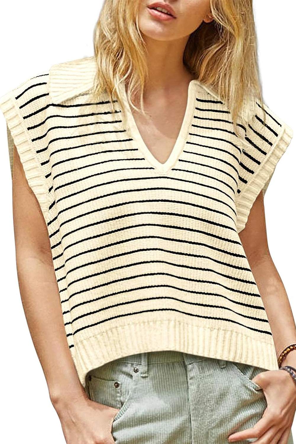 Beige Stripe Turn-down V Neck Sweater Tank Top