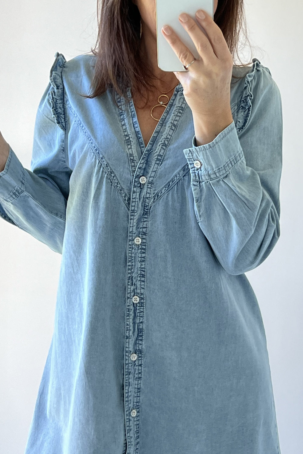 Myosotis Ruffled V Neck Buttoned Shift Denim Dress