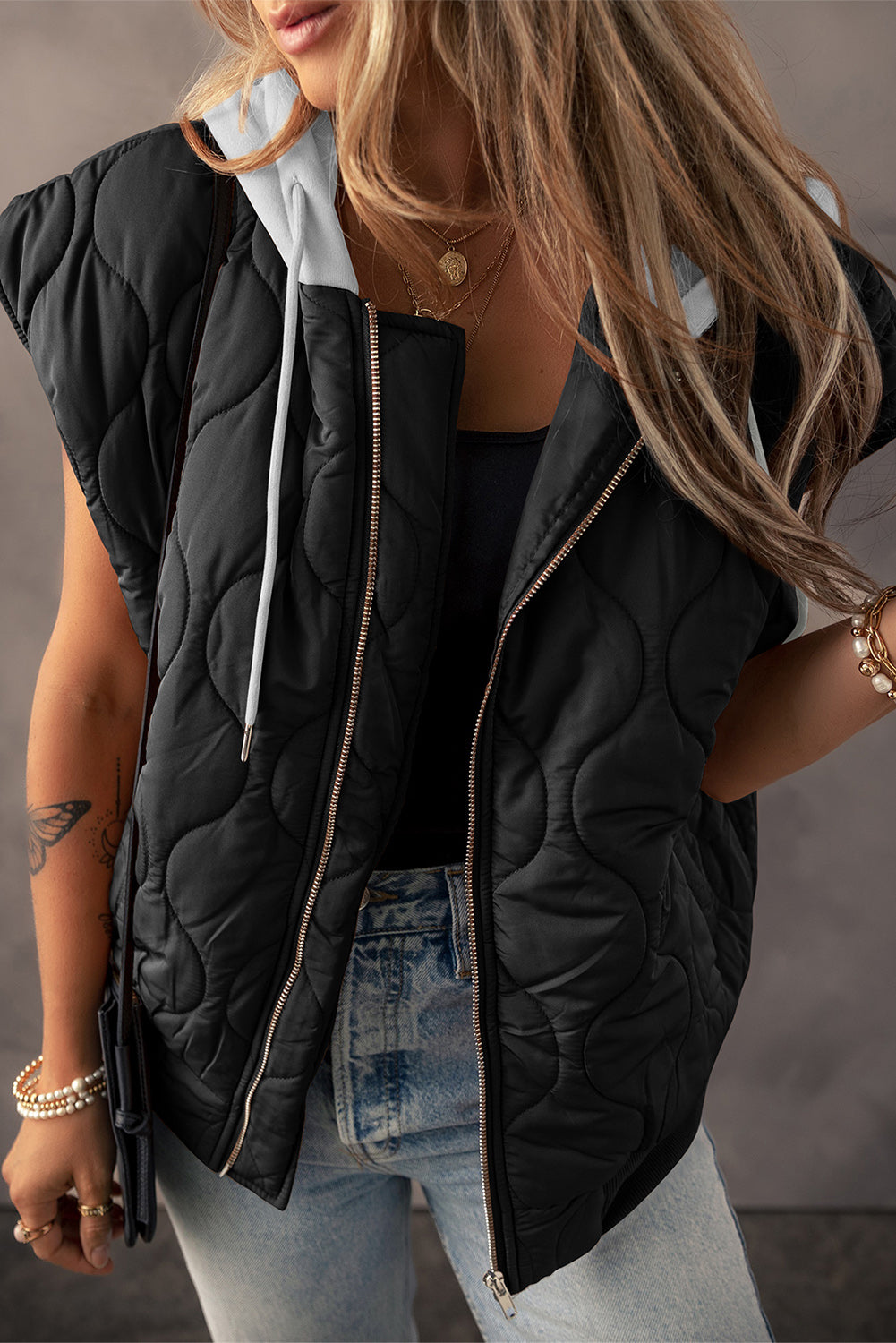 Black Quilted Drawstring Hooded Zip Up Puffer Vest