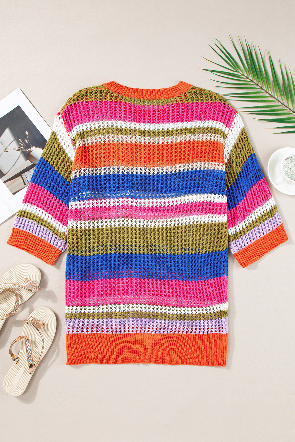 Orange Stripe Colorblock Hollowed Crochet 3/4 Sleeve Sweater