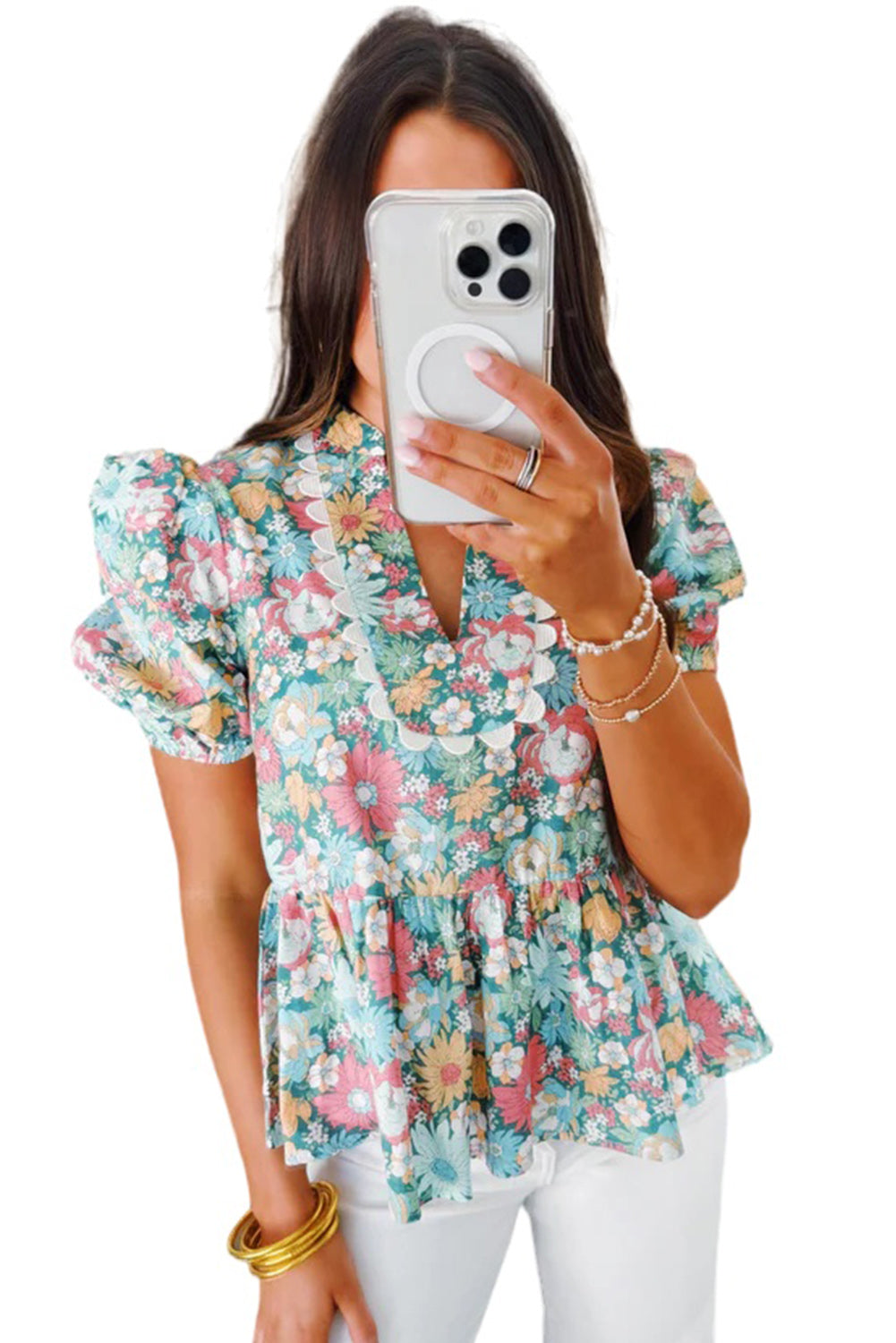 Multicolour Notched Neck Puff Short Sleeve Floral Blouse