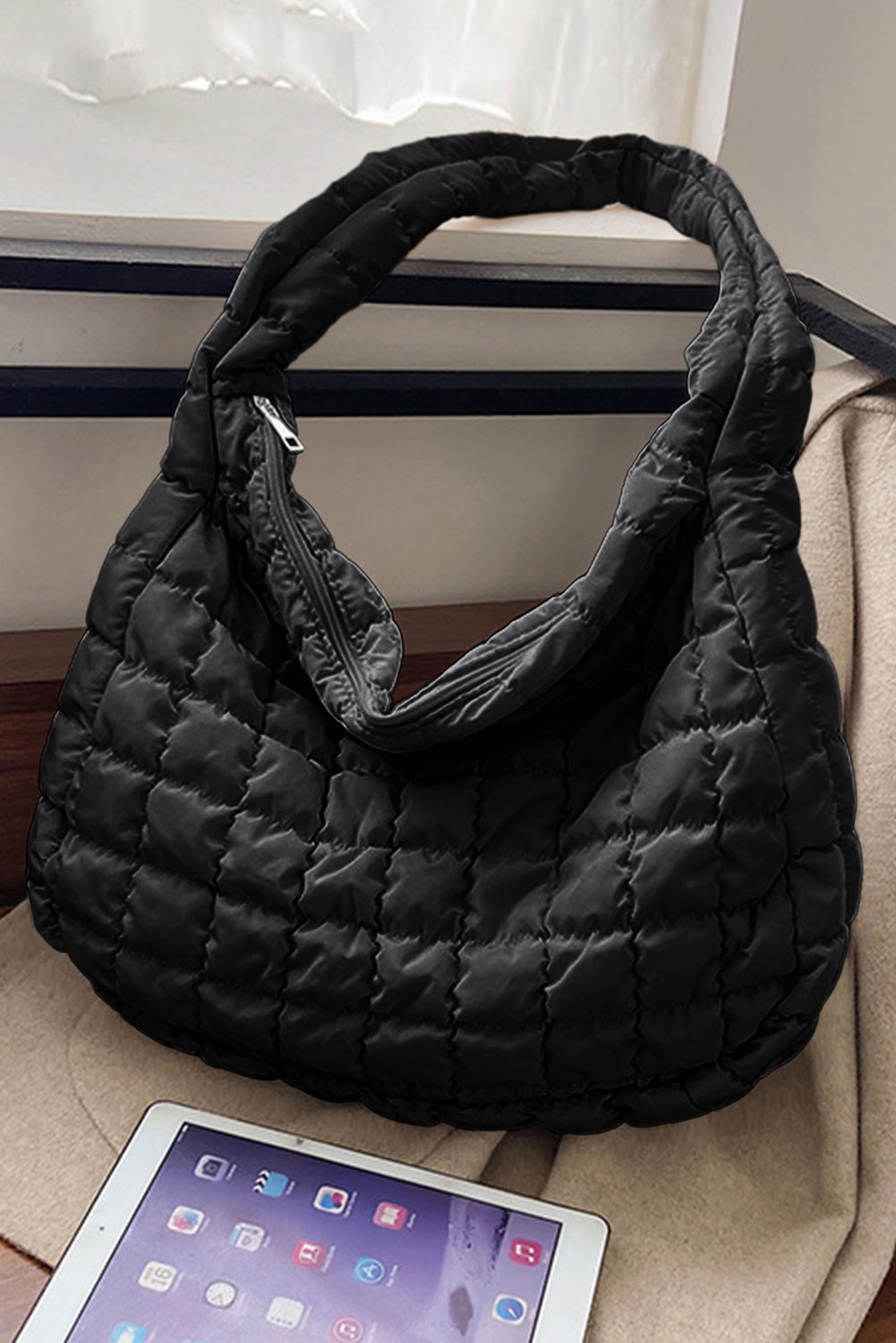 Black Quilted Zipper Large Shoulder Bag