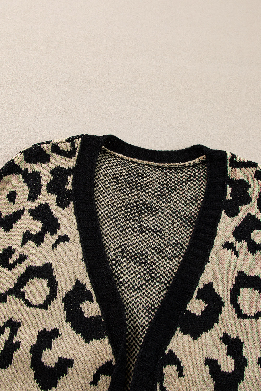 Black Stripe Sleeve Leopard Print Open Front Cardigan With Pockets