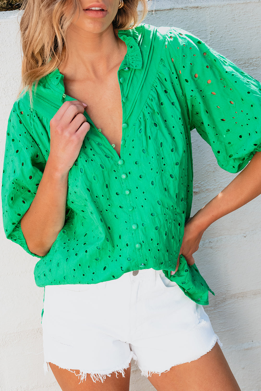 Green Flower Embroidered Hollow-out Puff Sleeve Blouse