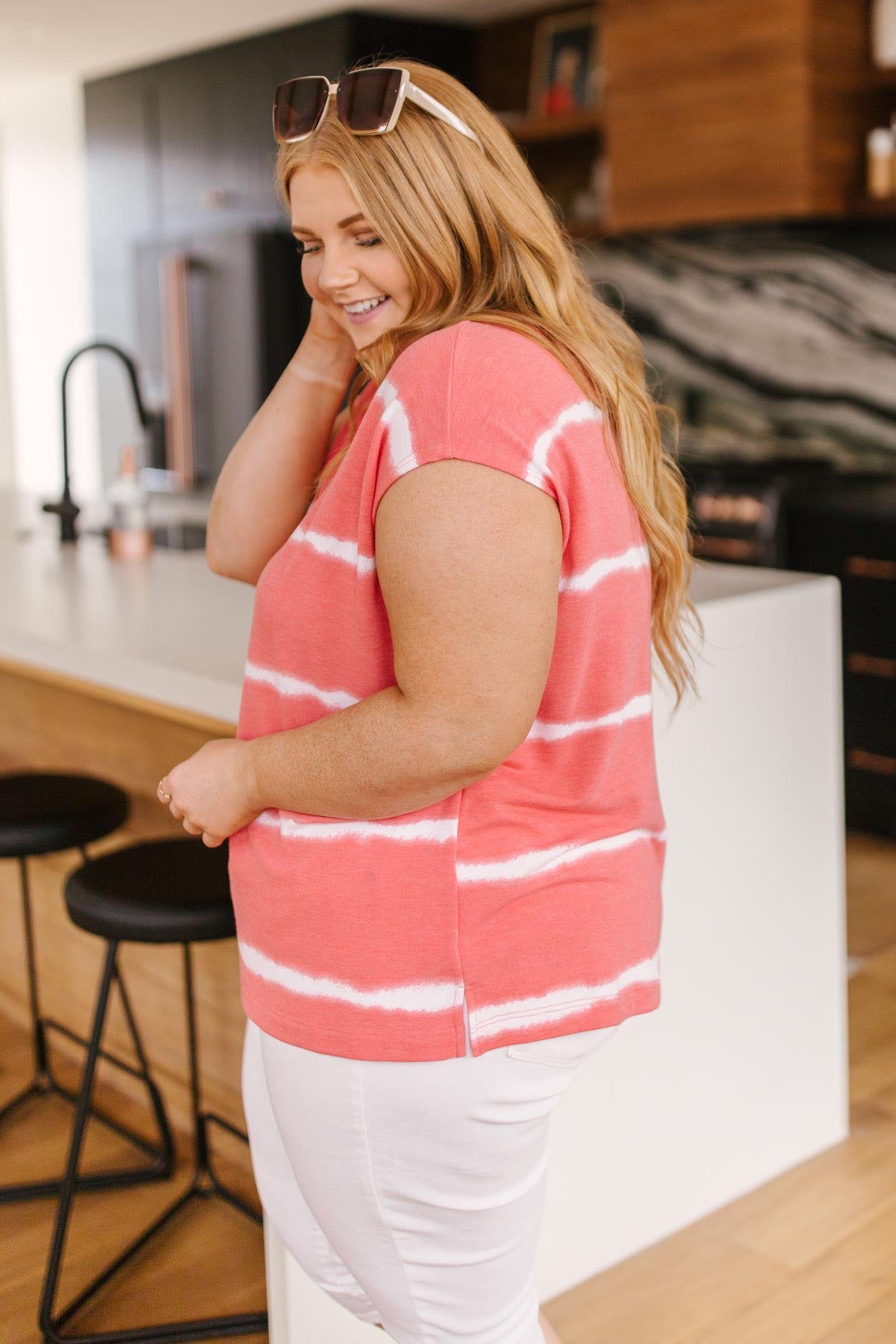 Casual In Stripes Top In Coral