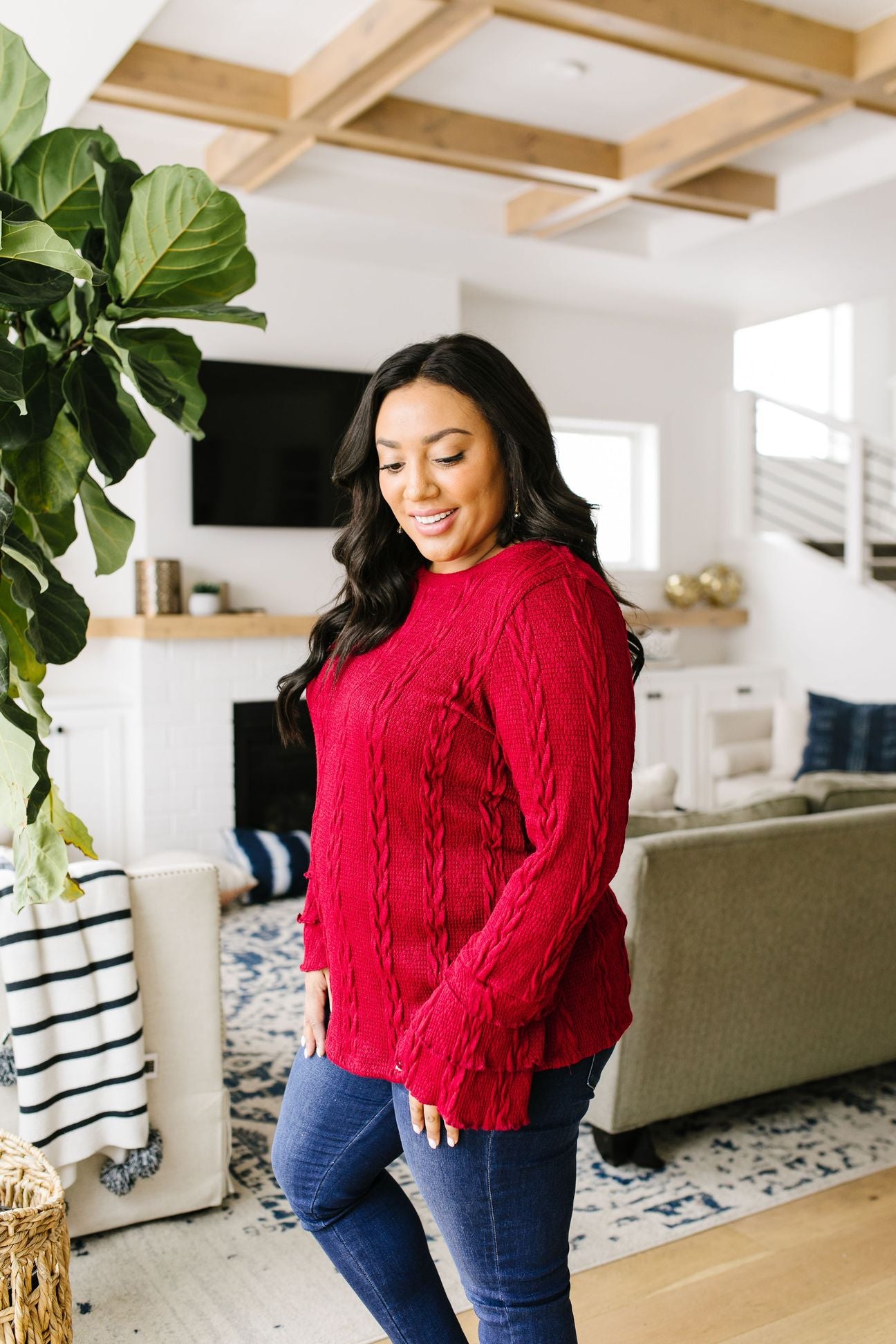 Caitlyn Cable Knit Top In Cranberry