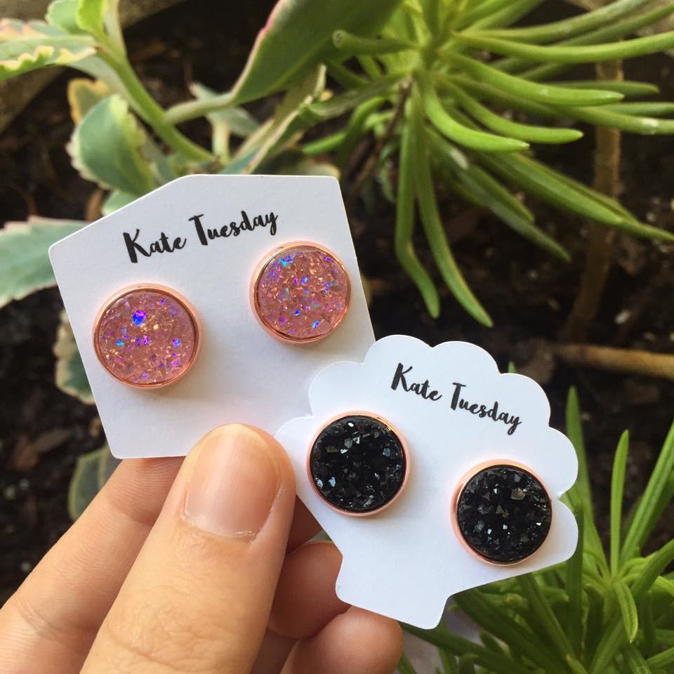 Pink and Black Druzy Sparkly Earrings