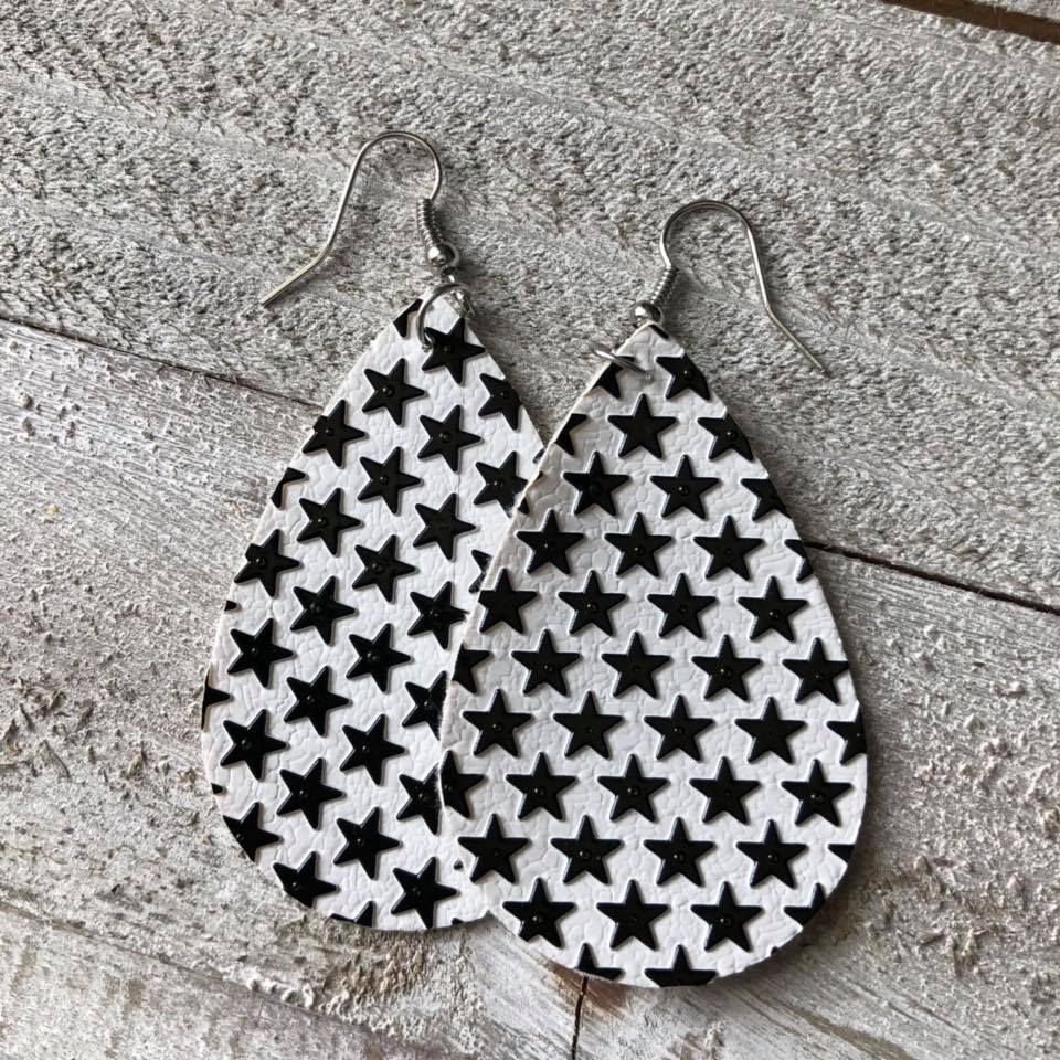 Black and White Stars Leather Earrings